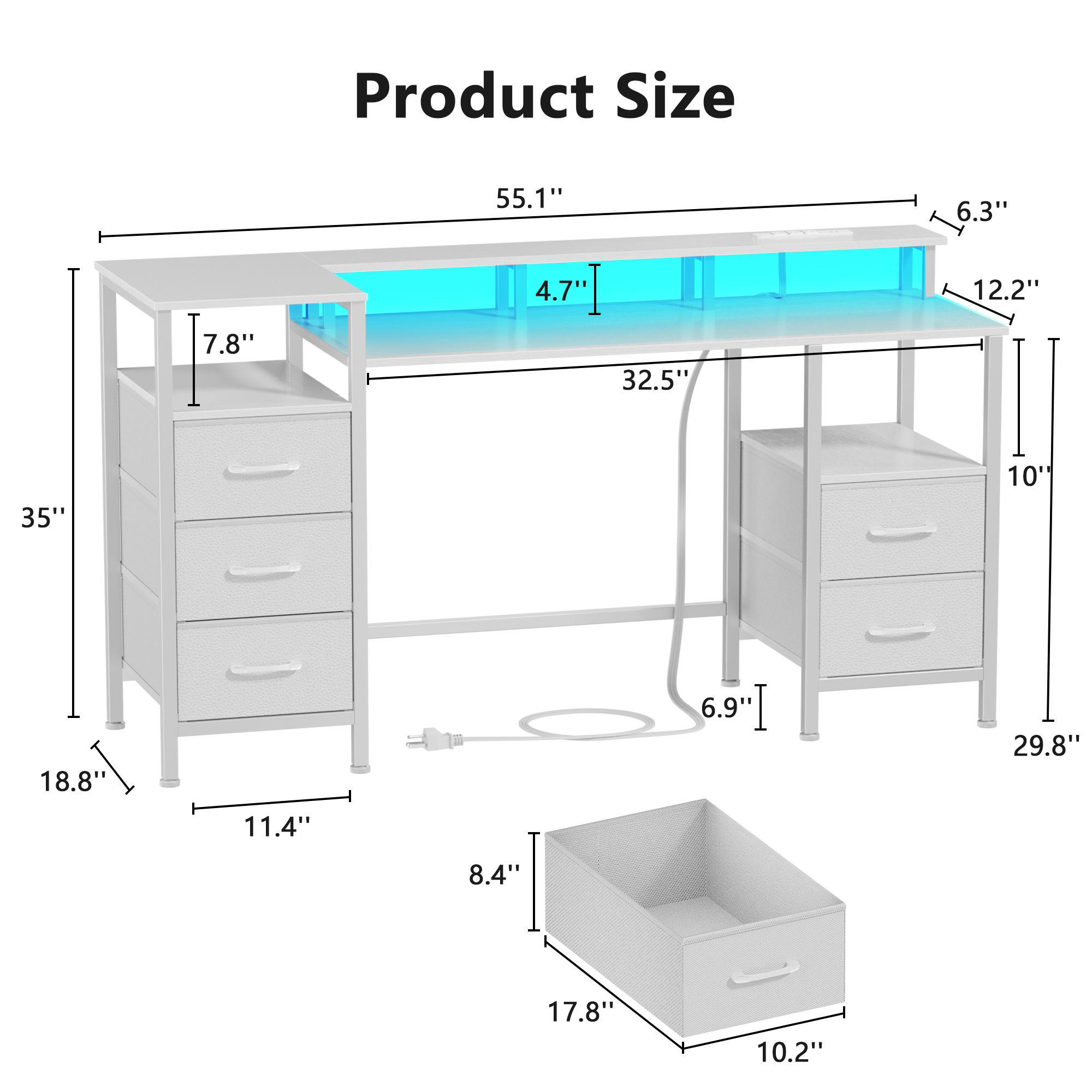 55 Inch White Computer Desk with Charging Station Reversible Gaming Desk LED Lights Fabric Drawers Home Office Writing Table Bedroom Study Storage