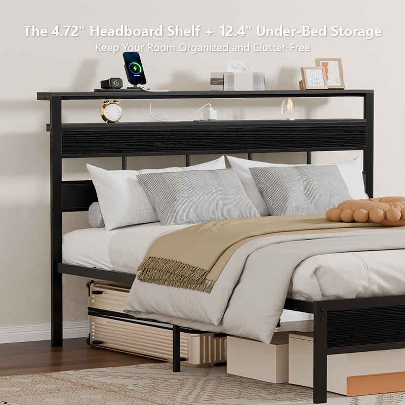 Furnulem Queen Bed Frame with Storage Headboard, LED Lights & Charging Station