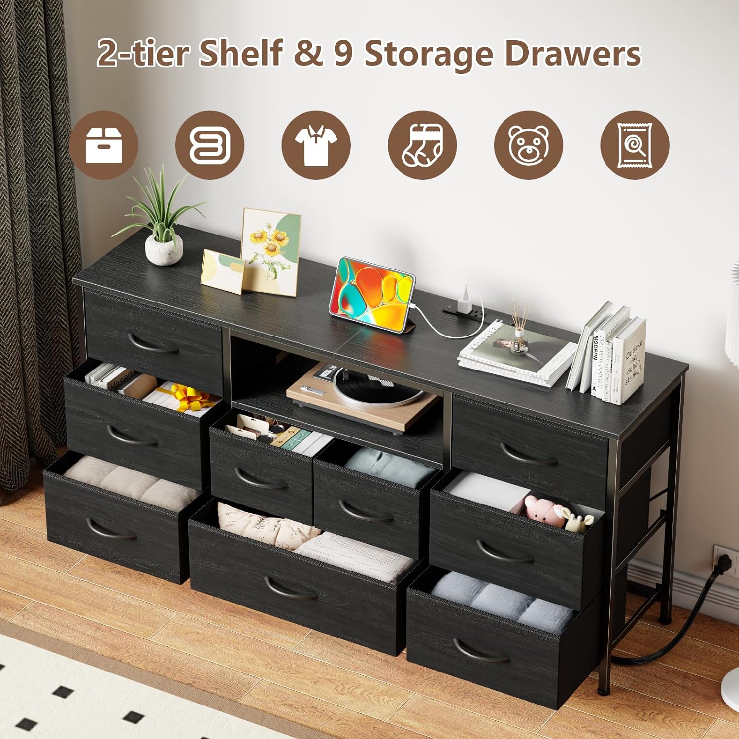 Furnulem 9 Drawer Dresser 55” Long TV Stand for Bedroom Entertainment Center with Power Outlet LED Light for 55"-65" TV Dresser with Fabric Storage