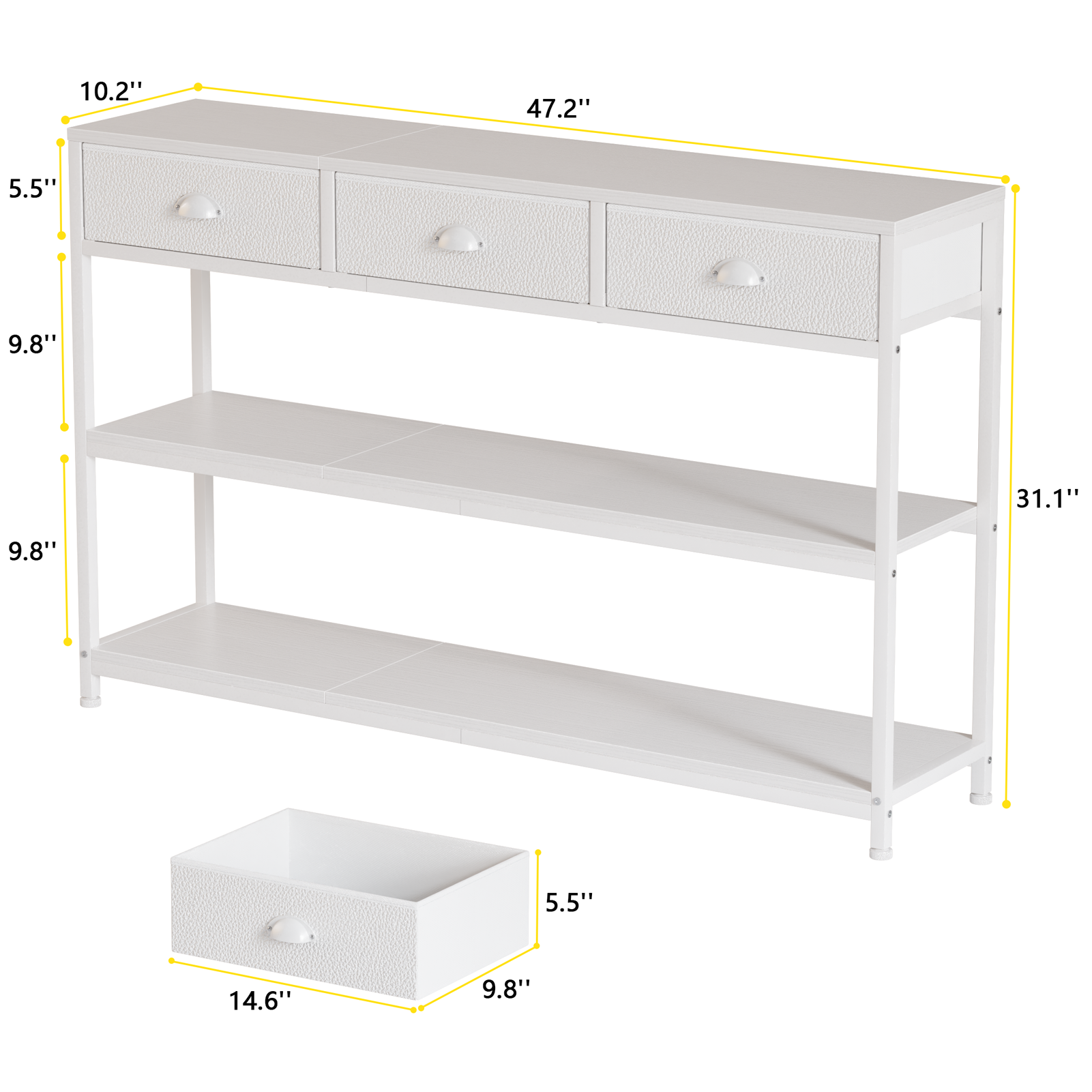 Qwatto Long 47 Inch White Entryway Table 3 Storage Drawers Three Tier Industrial Display Shelves Console Sofa Accent Table For Hallway Kitchen Foyer