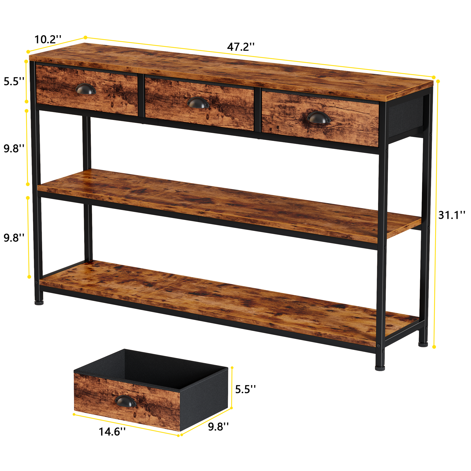 47in Wooden Rustic Brown Industrial Console Sofa Table With 3 Storage Drawers 3 Tier Display Shelves Behind Couch Entryway Living Room Foyer Hallway