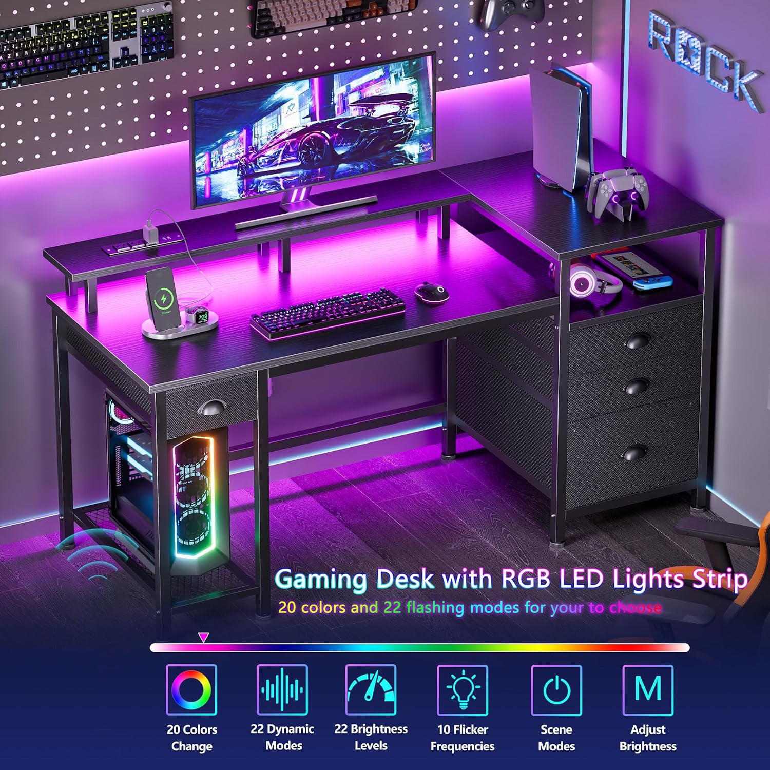 Qwatto 52in Gaming Desk Charging Station and Light Reversible Computer Desk 4 Drawers File Cabinet Printer Storage Shelves Monitor Stand Black Finish