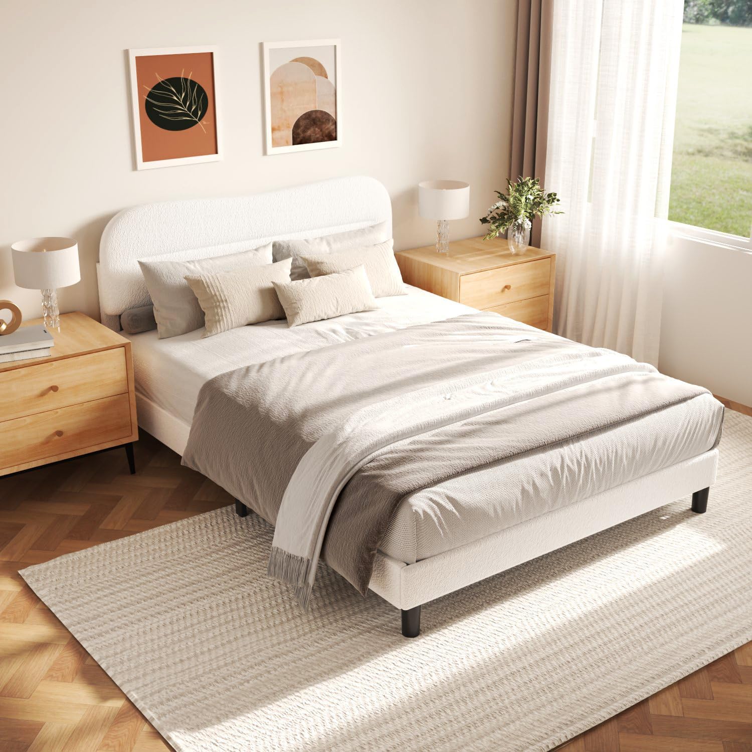 Queen Size Bed Frame with Headboard upholstered Bed Frame Teddy Soft Boucle Fabric Soft Cloud Marshmallow Shape Headboard No Box Spring Needed