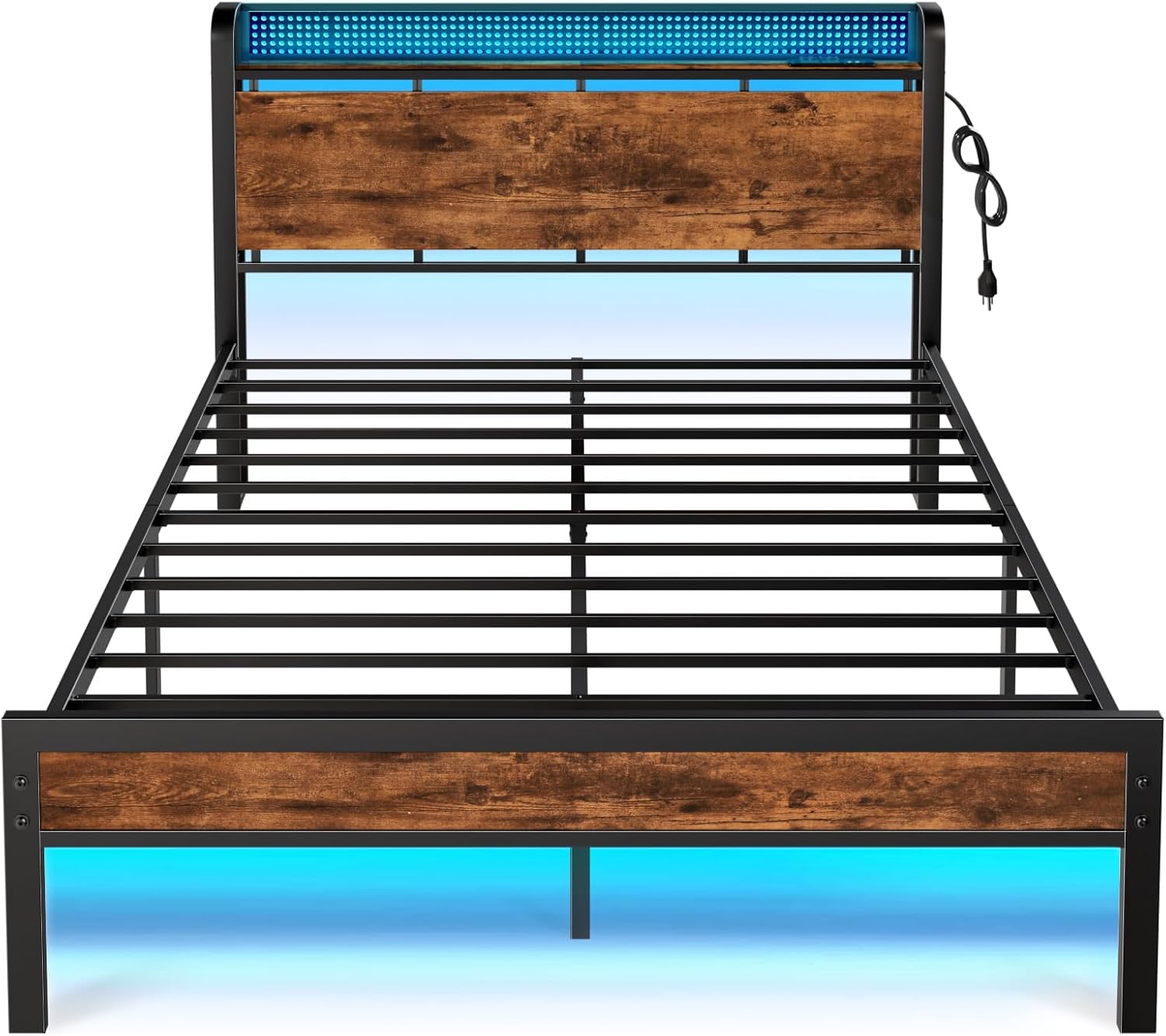 Furnulem Queen Bed Frame with Charging Station and LED Lights,Industrial Platform Beds with Storage Headboard USB Port Rustic Wood and Strong Metal
