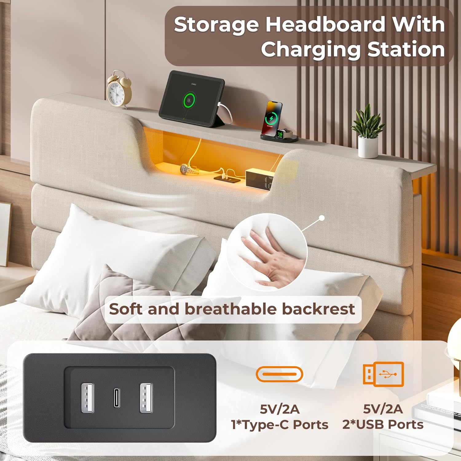 Full Bed Frame with LED Lights, Headboard with Charging Station Upholstered Platform Bedframe Metal Support No Box Spring Needed 2-Tier Storage