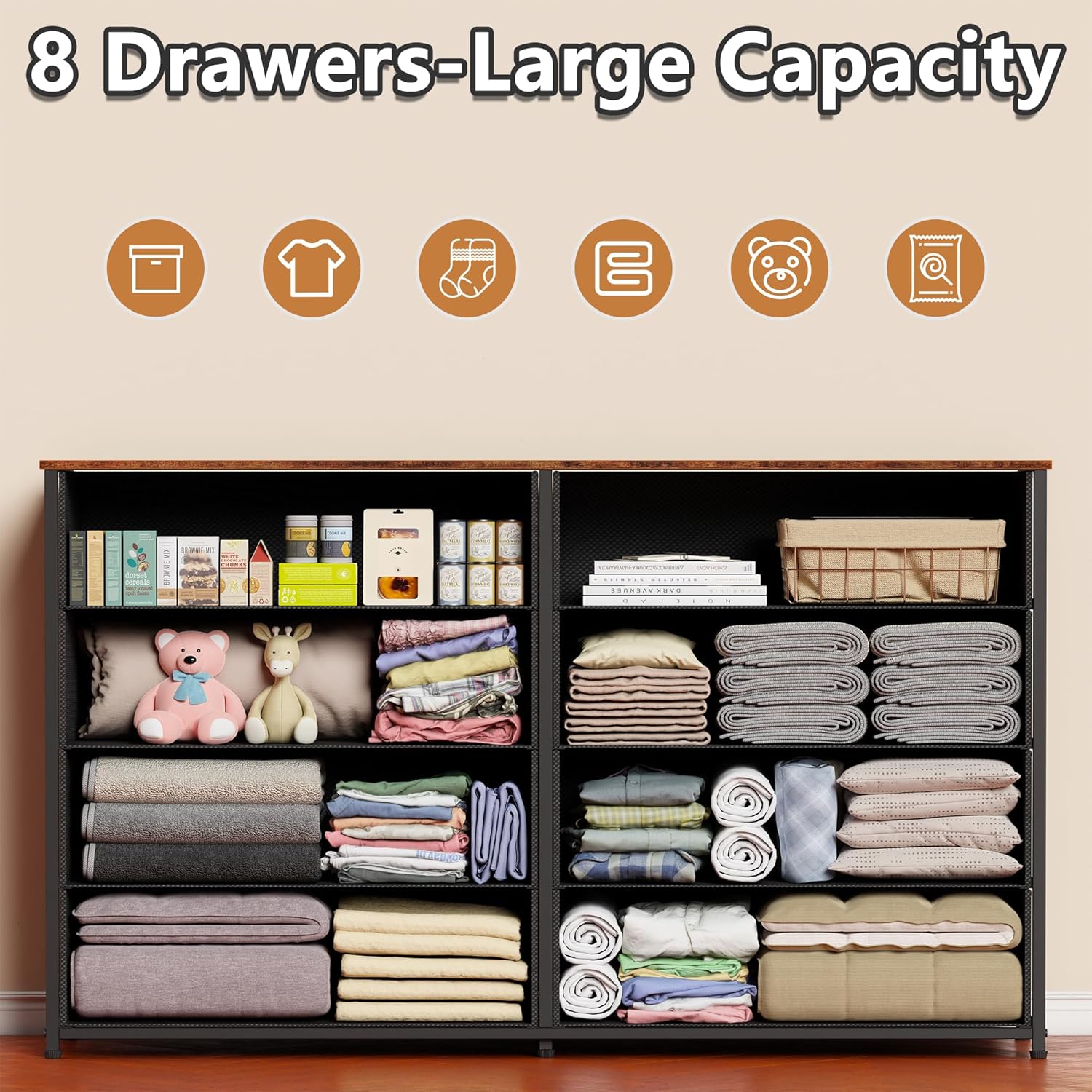 Furnulem Long Dresser for Bedroom TV Stand for 55'' TV Wide Storage Drawer Unit with 8 Fabric Bins Double Dresser for Bedroom Office Closet Entryway