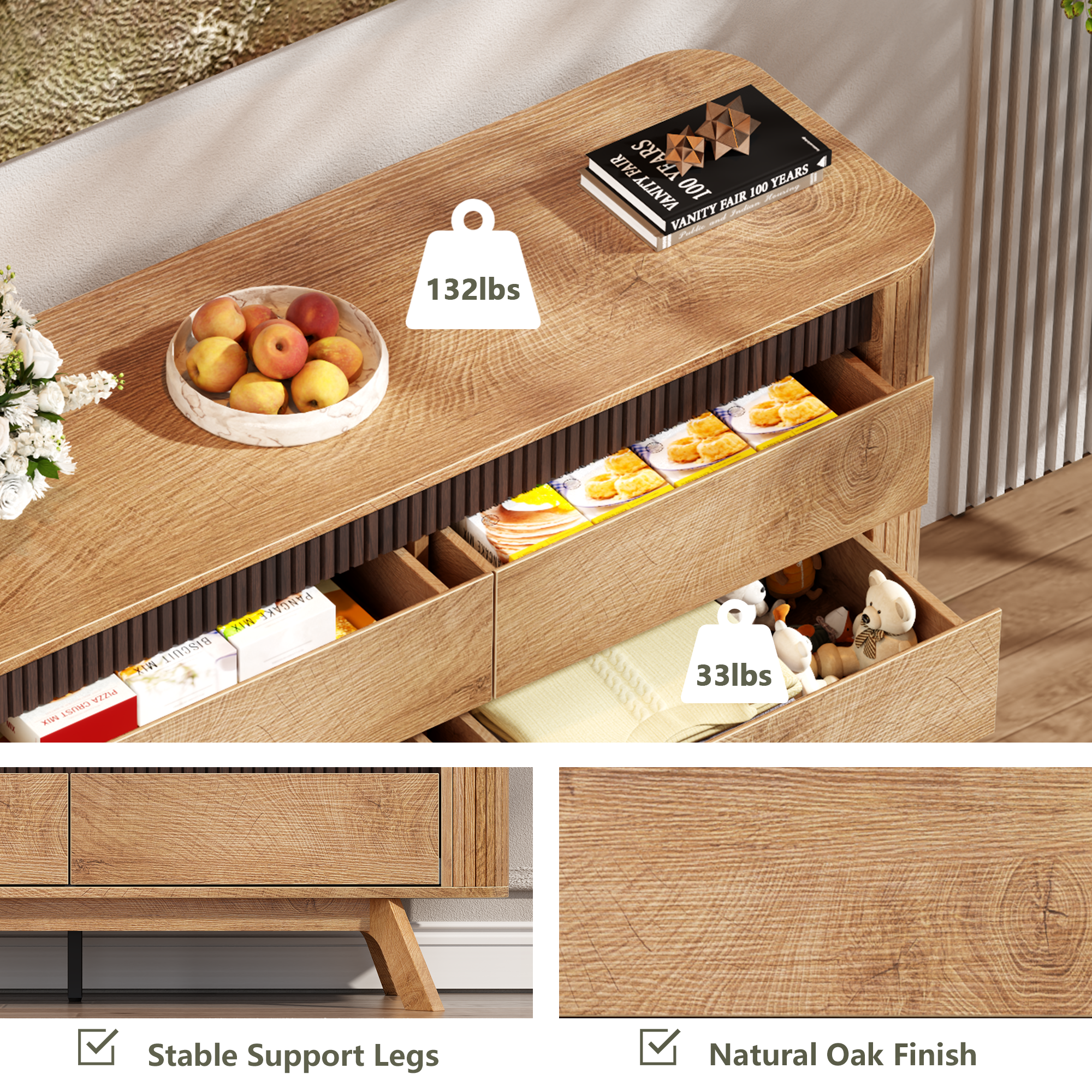 Qwatto 6 Drawer Dresser for Bedroom 47.2" Wide Fluted Chest of Drawers Modern Curved Design Clothes Storage Organizer Hallway Room Natural Oak Finish