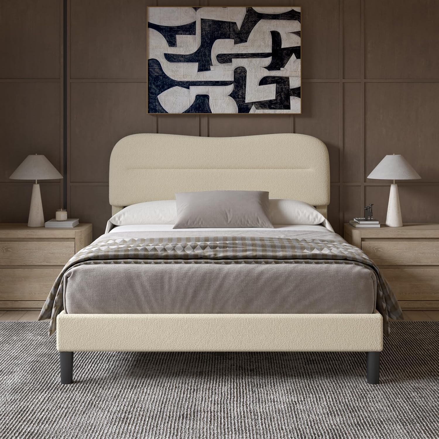 Full Size Bed Frames with Headboard Upholstered Bed Frame Teddy Soft Boucle Fabric bedframes Soft Cloud Marshmallow Shape Upholstered Headboard