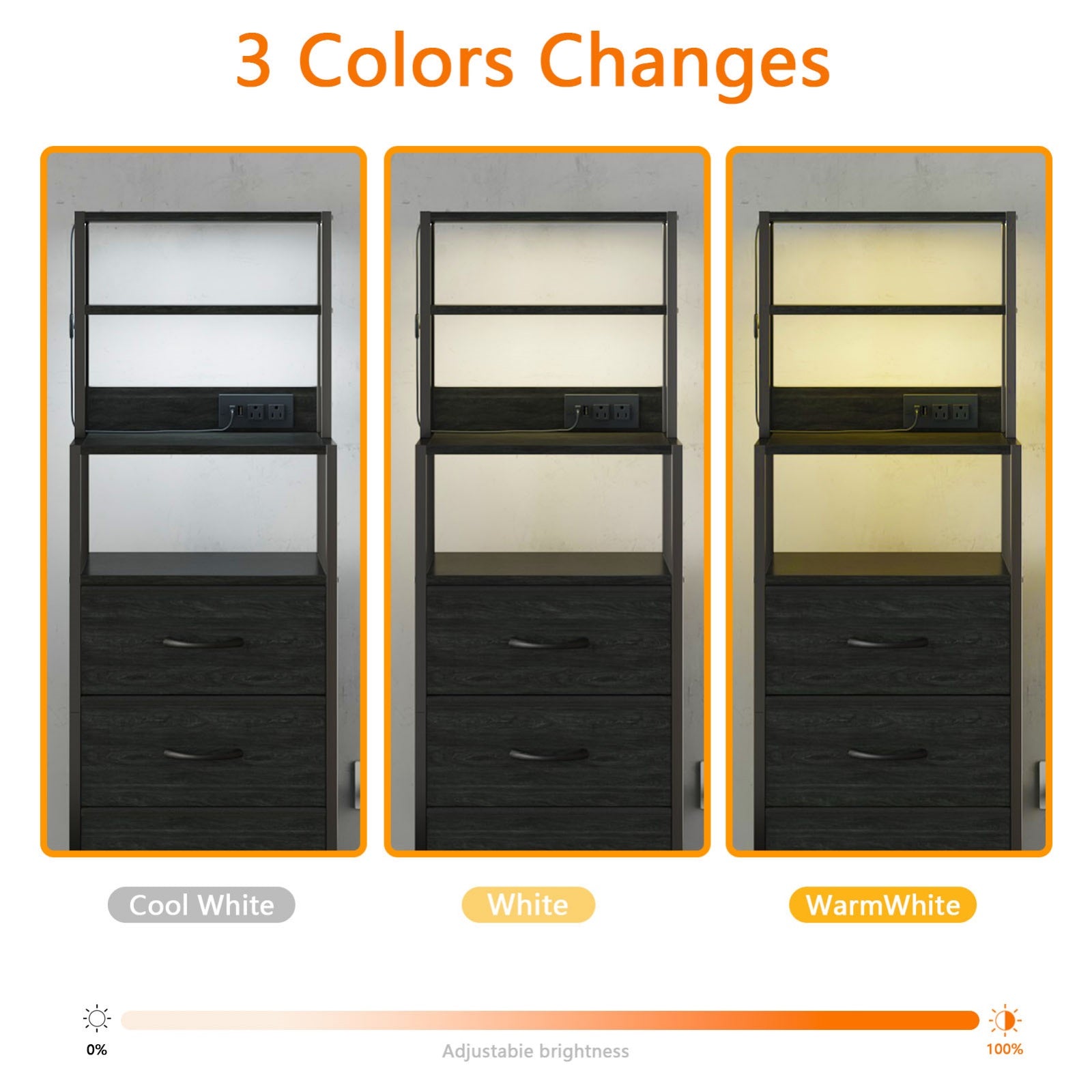 Furnulem Night Stand, Tall Nightstand with 4-Tier Shelves and 3 Fabric Drawers