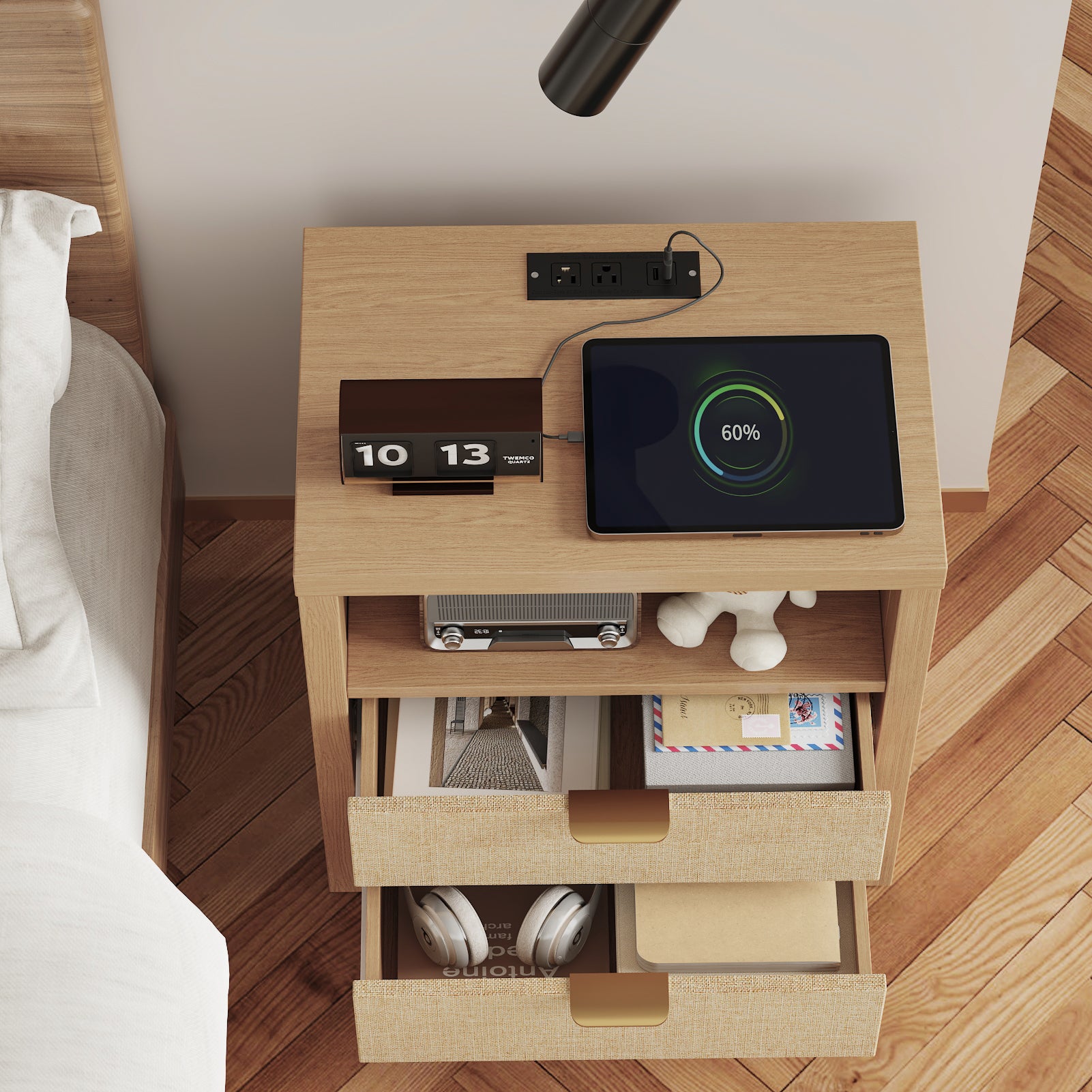 Nightstand with Charging Station Accent Night Stand with 2 Drawers and Storage Shelf Slide Drawer Bedside Table for Bedroom Natural Oak Thick Wood