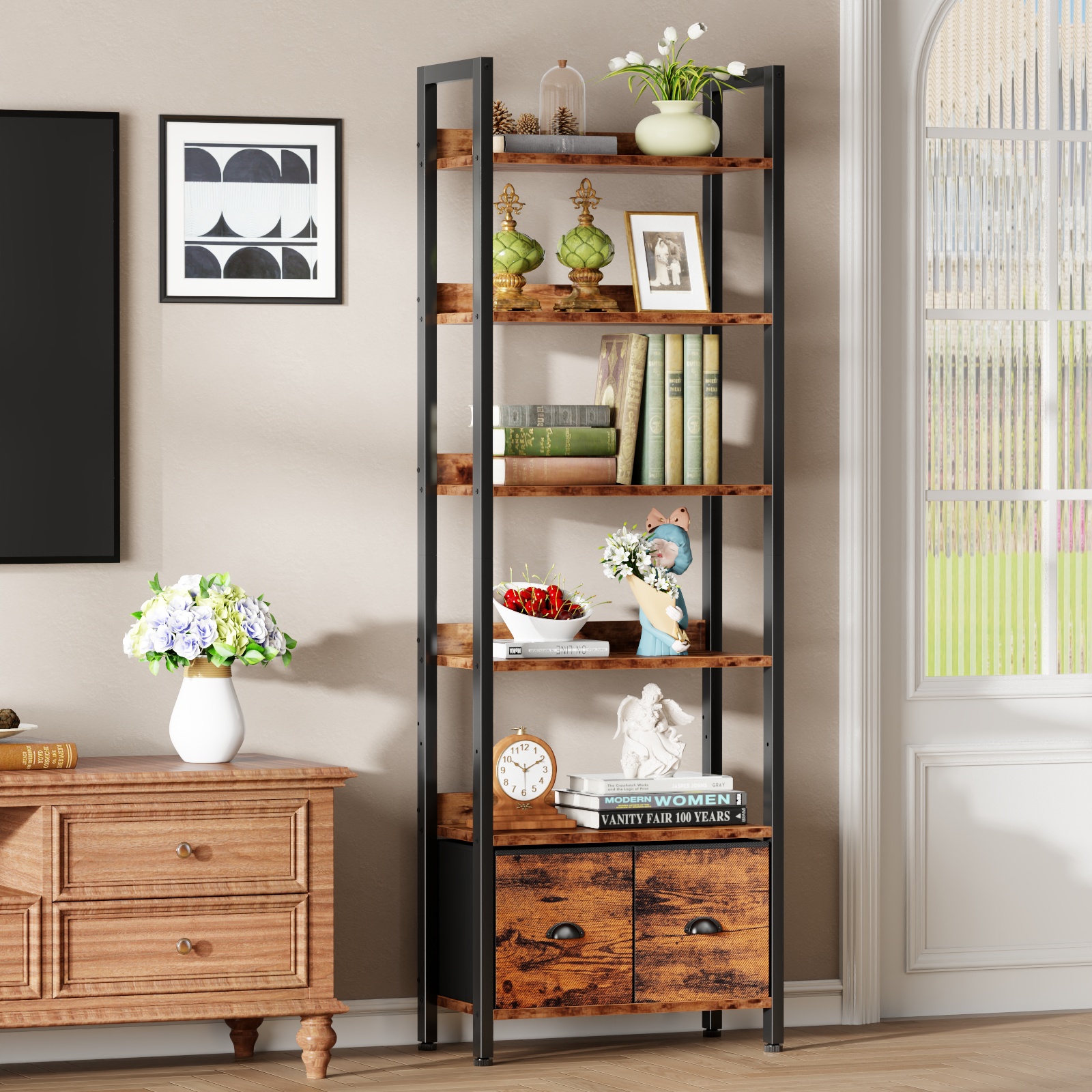 6 Tier 71 Inch Tall Rustic Bookcase with Two Drawers Storage Organizer Industrial Wood Metal Freestanding Bookshelf Home Office Bedroom Rustic Brown