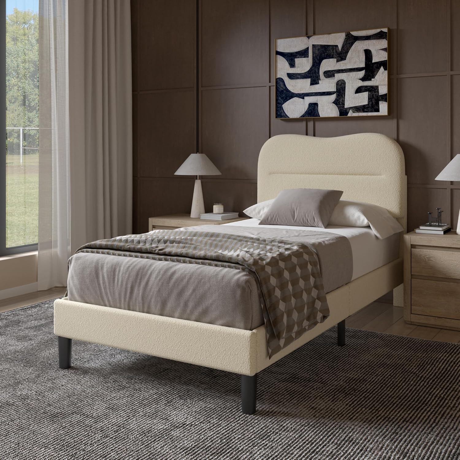 Furnulem Twin Bed Frames with Headboard Upholstered Bed Frame Teddy Soft Boucle Fabric bedframes Soft Cloud Marshmallow Shape Upholstered Headboard