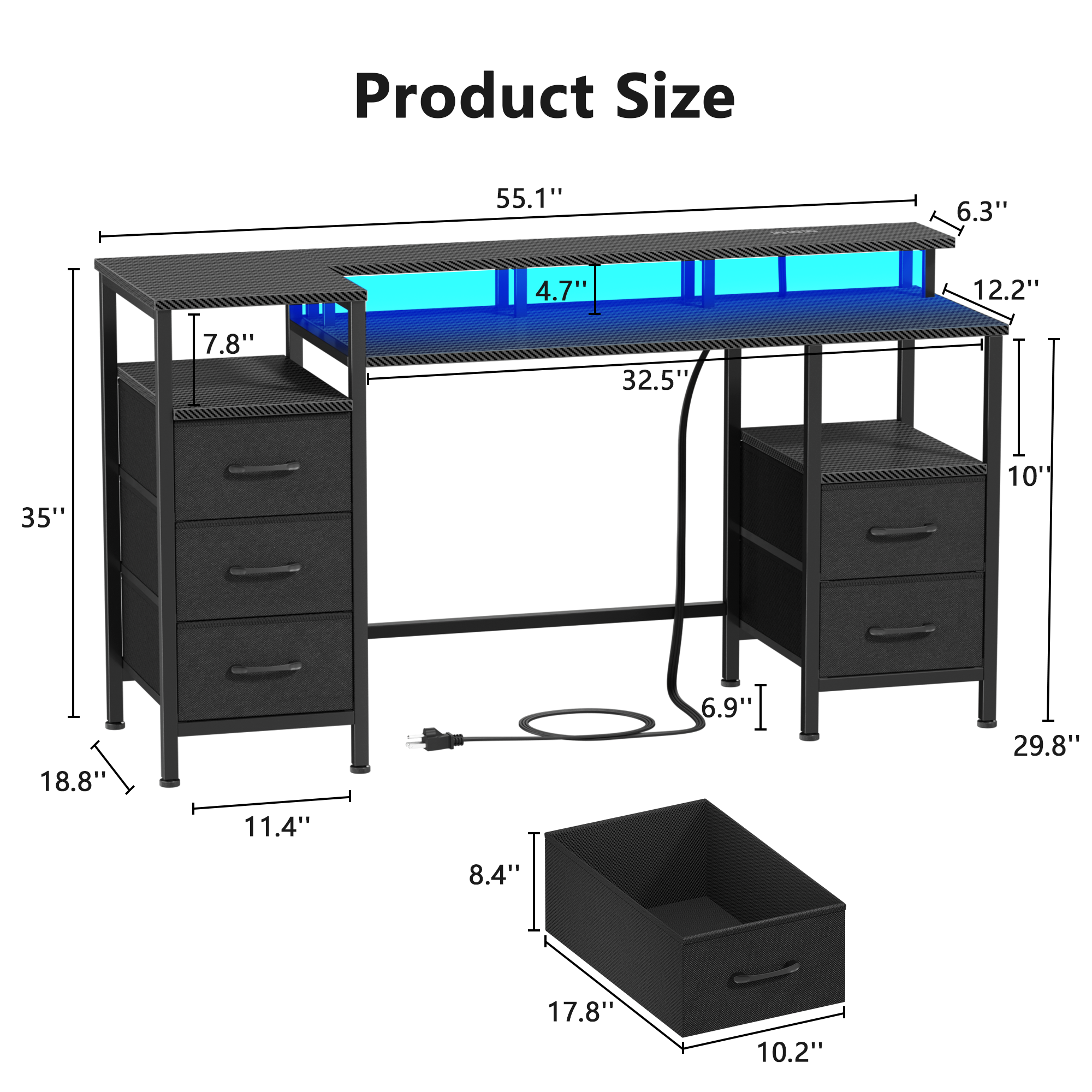Qwatto 55 Inch Computer Desk with Charging Station Reversible Gaming Desk LED Lights Fabric Drawers Home Office Writing Table Bedroom Study Storage