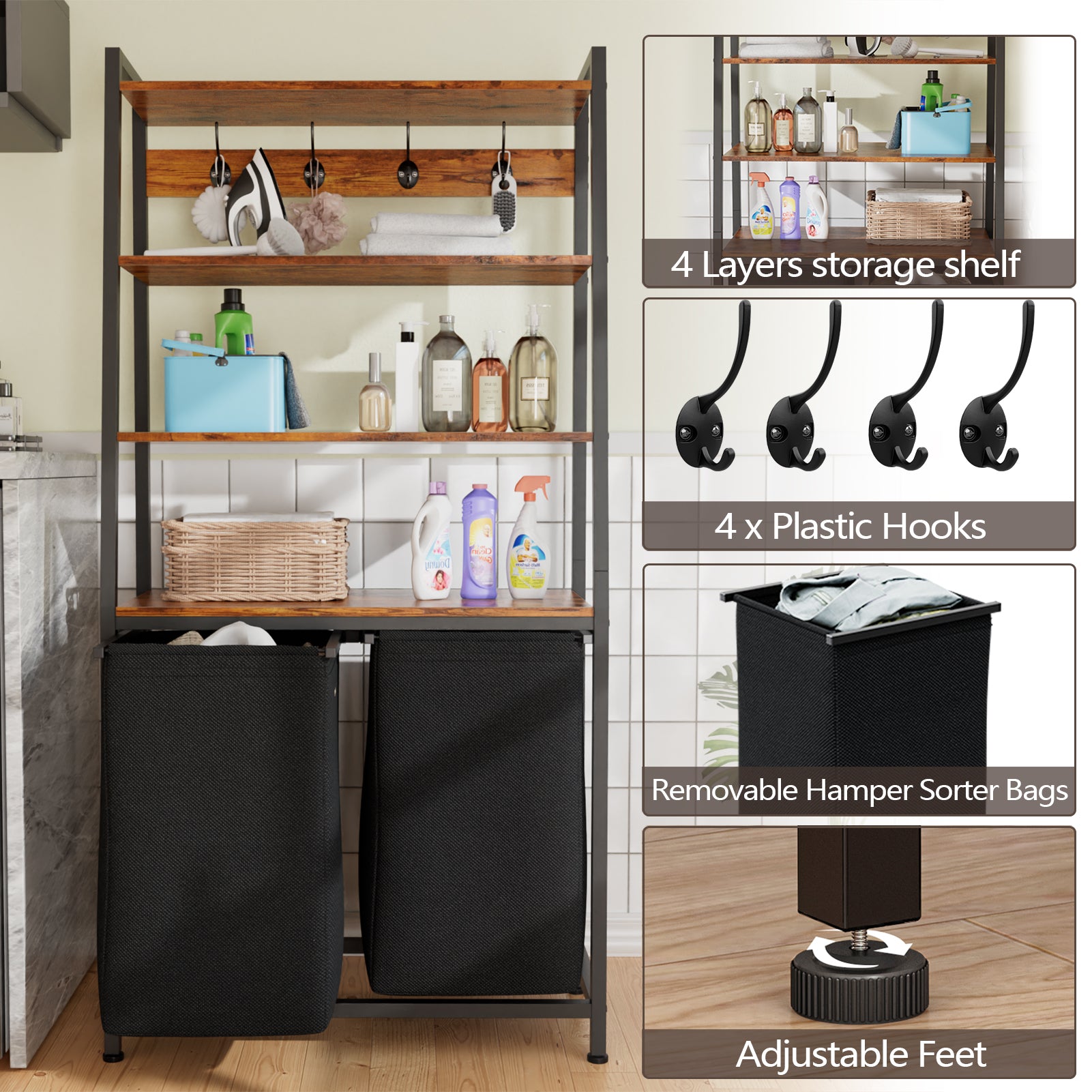 Double Laundry Hamper with Shelf 4 Tier Tall Laundry Basket Sorter with Two Removable Bags Clothing Storage Organizer and Hooks for Bathroom Bedroom