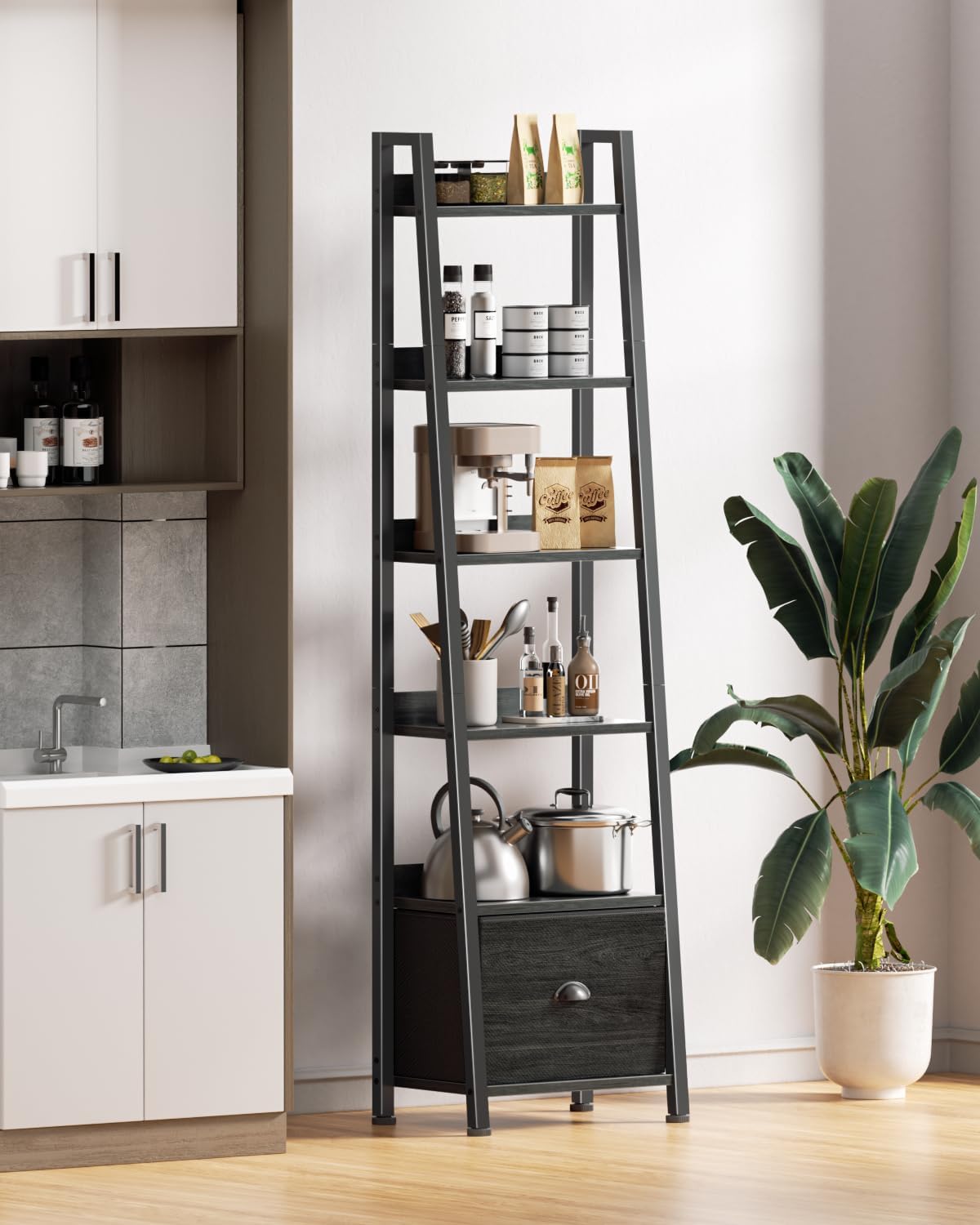 Qwatto Black 6 Tier Ladder Bookshelf with Drawer Tall Industrial Wood Metal Freestanding Storage Rack Etagere Display Bookcase for Home Office Rooms