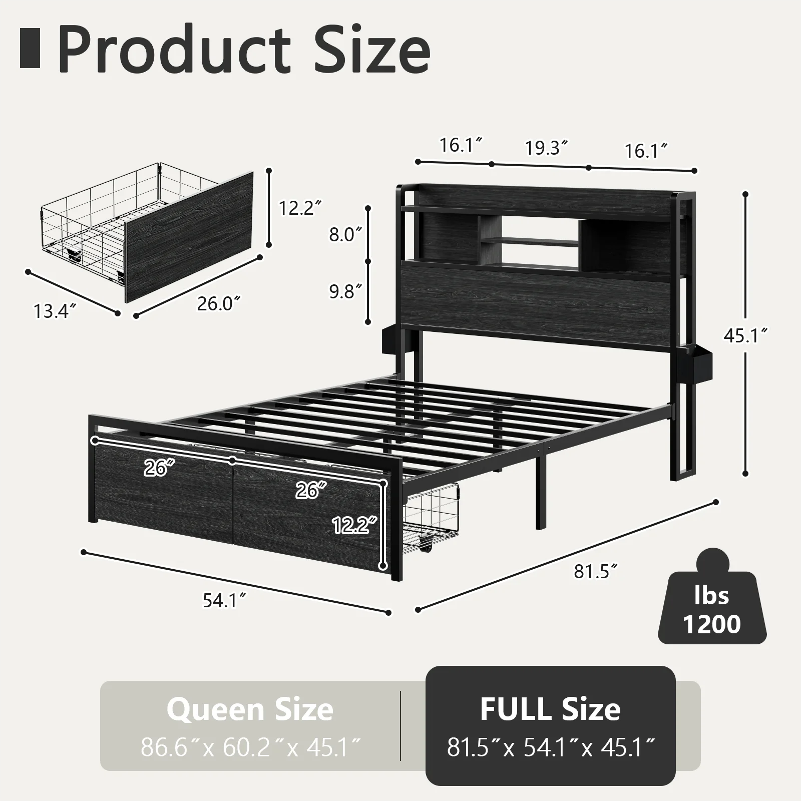 Furnulem Full Size LED Light Bed Frame with Storage Headboard and USB Ports Bed Platform with Drawers