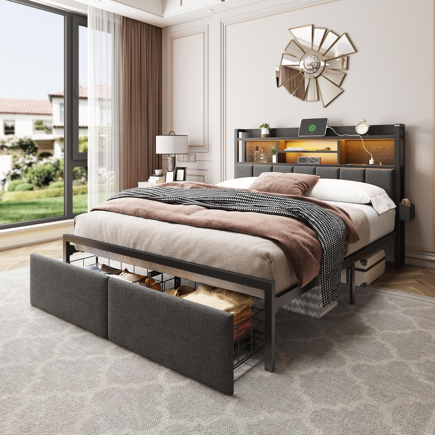 Furnulem Full Bed Frame with Storage Drawers Upholstered Headboard with Storage Shelf LED Lights and Charging Station Metal Platform Bed Frame