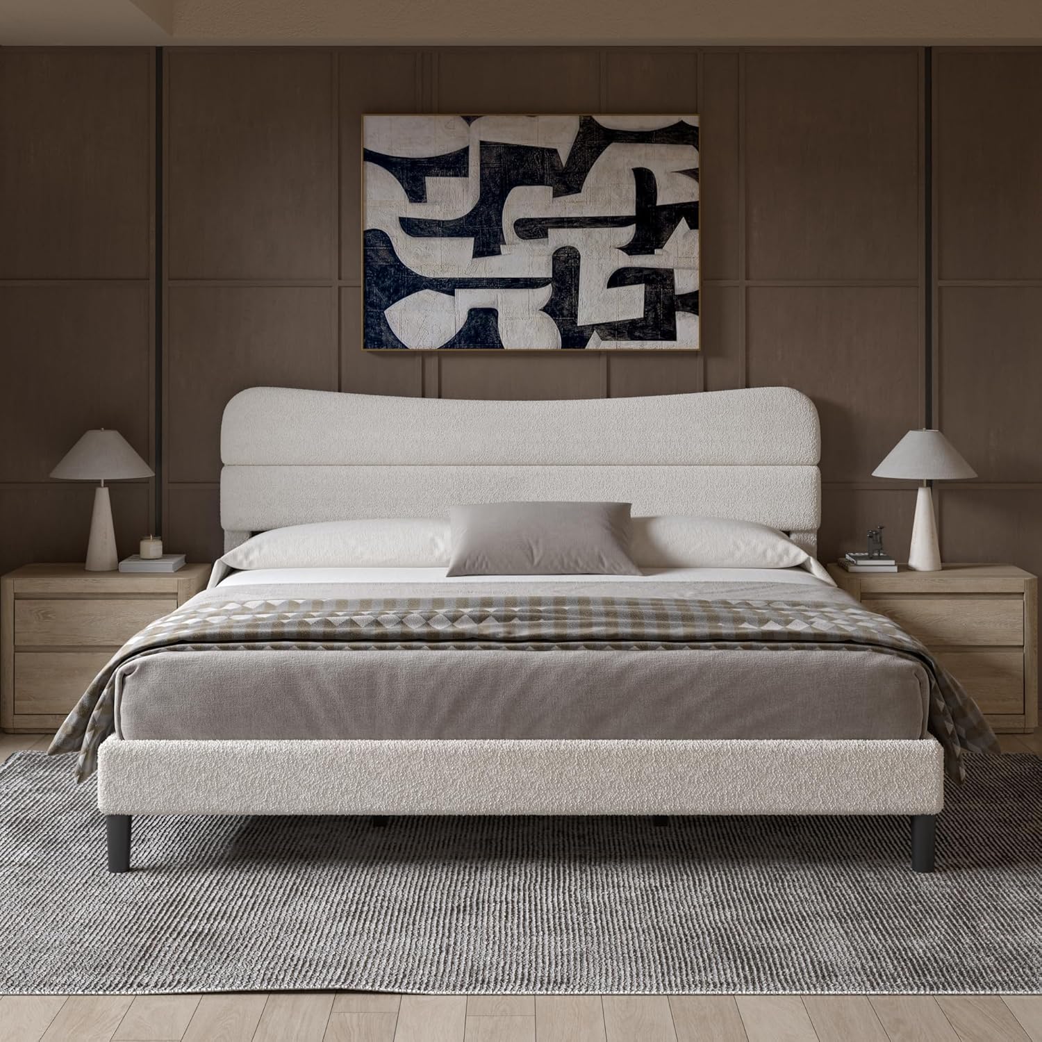 King Size Bed Frame Upholstered King Bed Frame and Headboard, Teddy Soft Boucle Fabric bedframe Soft Cloud Marshmallow Shape Upholstered Headboard