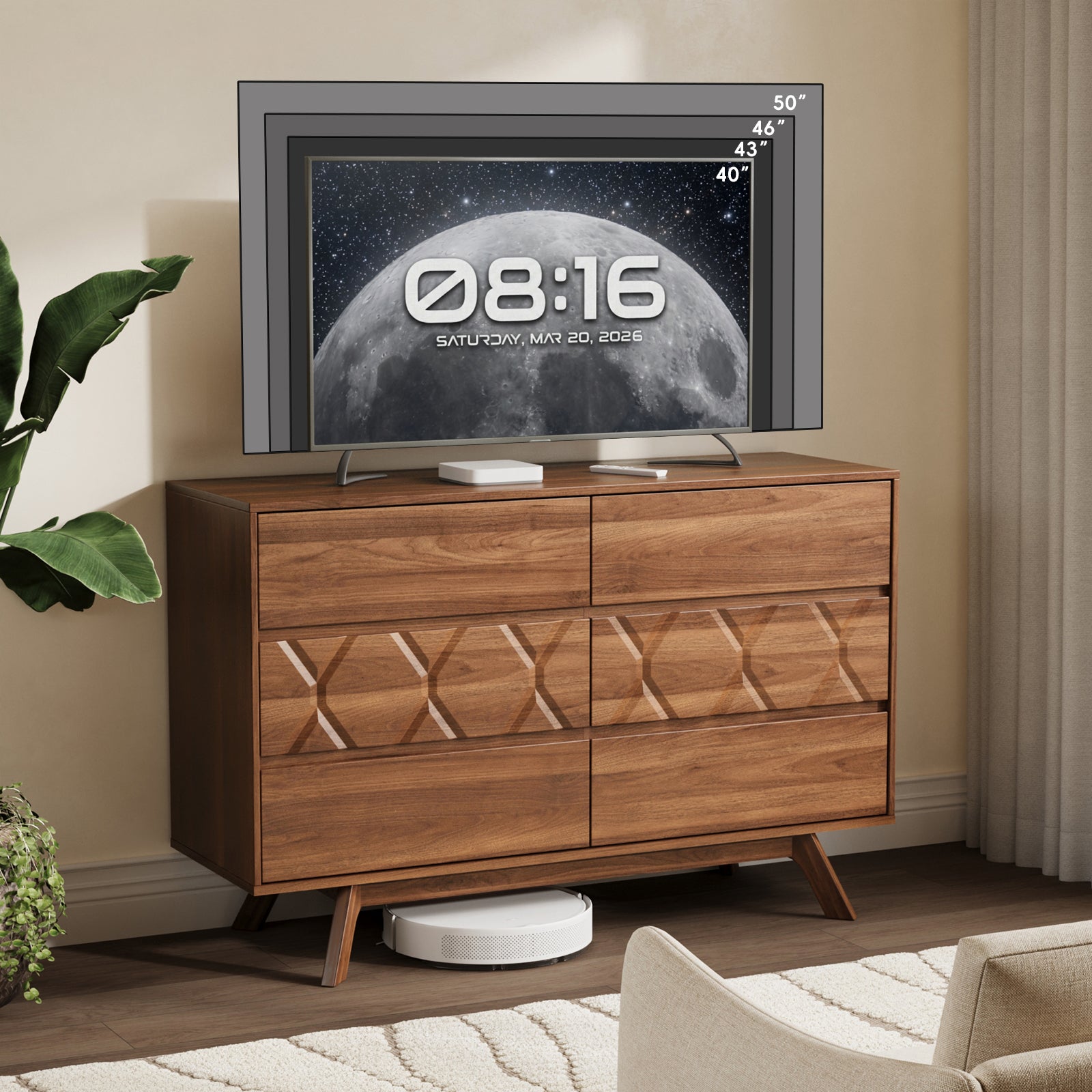 Qwatto 6 Drawer Dresser Mid Century Modern Wood Chest of Drawers Geometric Relief Storage Organizer for Bedroom Entryway Cherry Finish Anti-Tipping