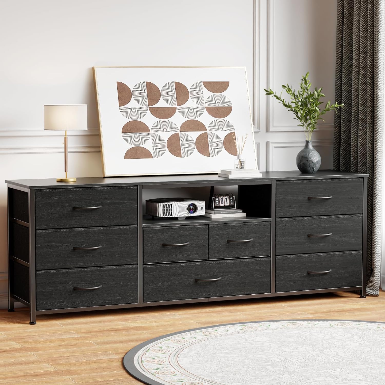 Furnulem 63" 9-Drawer Dresser TV Stand with LED & Power Outlet, Black Fabric Storage Cabinet for Bedroom or Closet, Fits 65–75" TVs