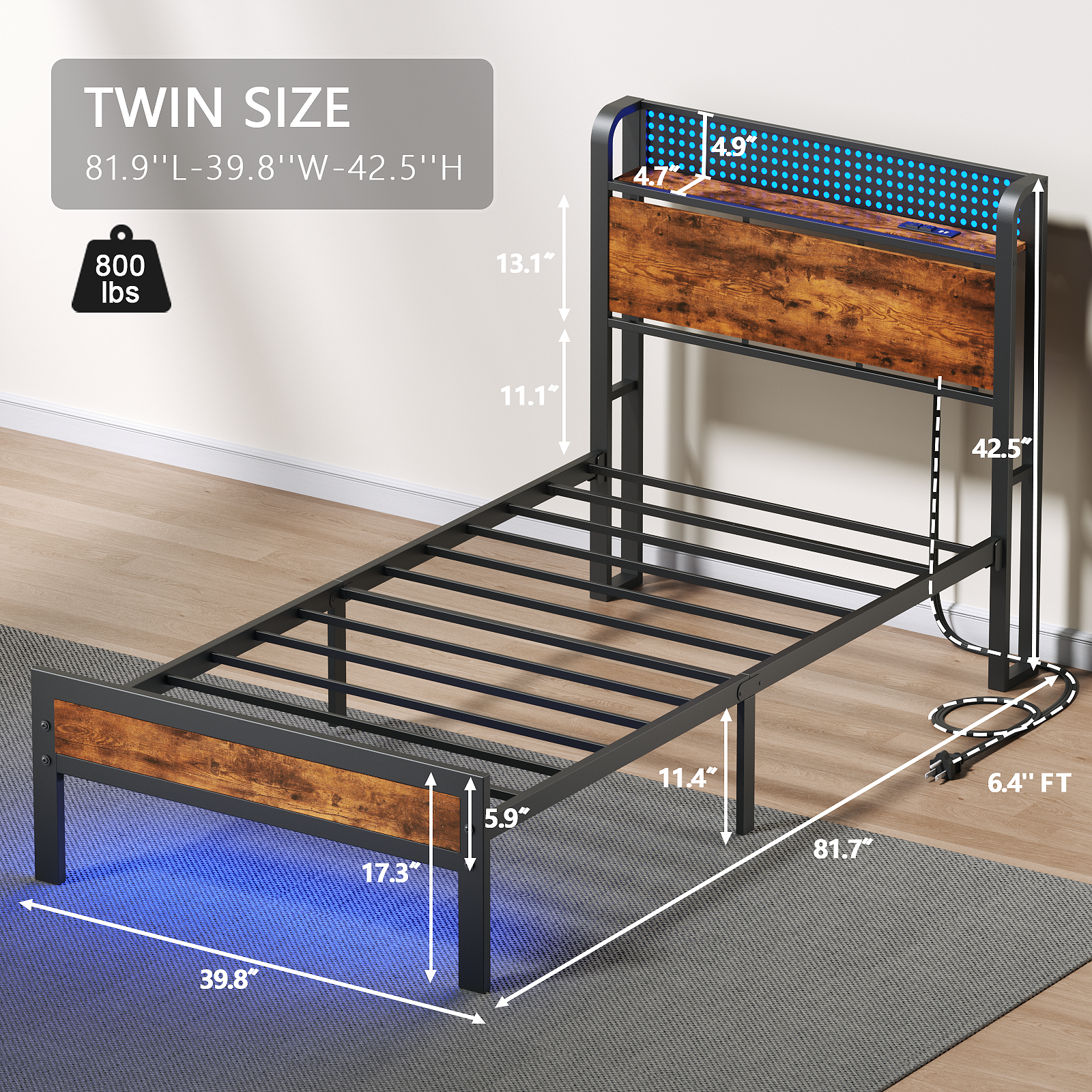 Furnulem Twin Size Bed frame with Wood Storage Headboard,Metal Platform Bed with Under Storage
