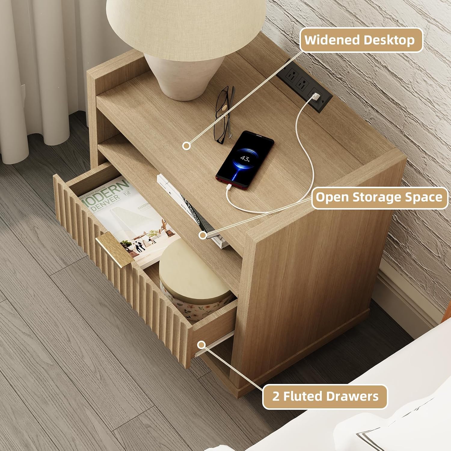 Furnulem Large recessed bedside table with charging station wooden bedside table with drawer modern style bedside table 1 drawer