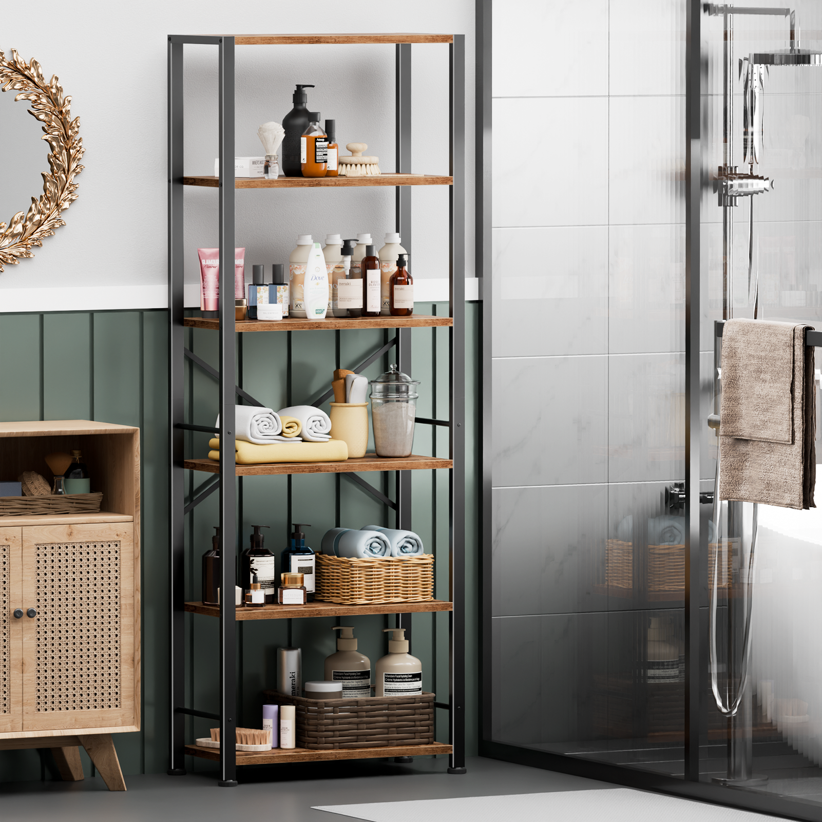 Qwatto Brown 6 Tier Tall Wide Bookshelf Industrial Wood Metal Freestanding Open Display Shelving Unit Storage Organizer Etagere Bookcase Home Office