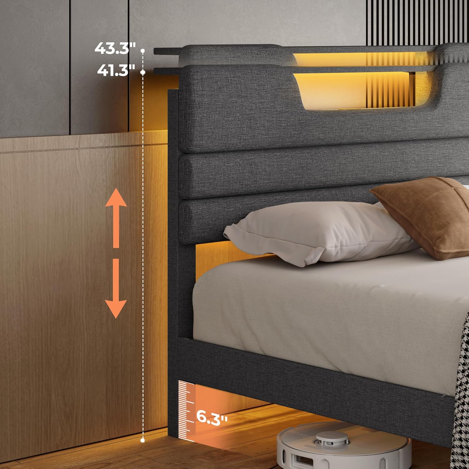 Furnulem Queen Size Bed Frames with Upholstered Headboard Bed with Charging Station and Led Lights Bed Frame with Sturdy Wooden Slats/2-Tier Storage