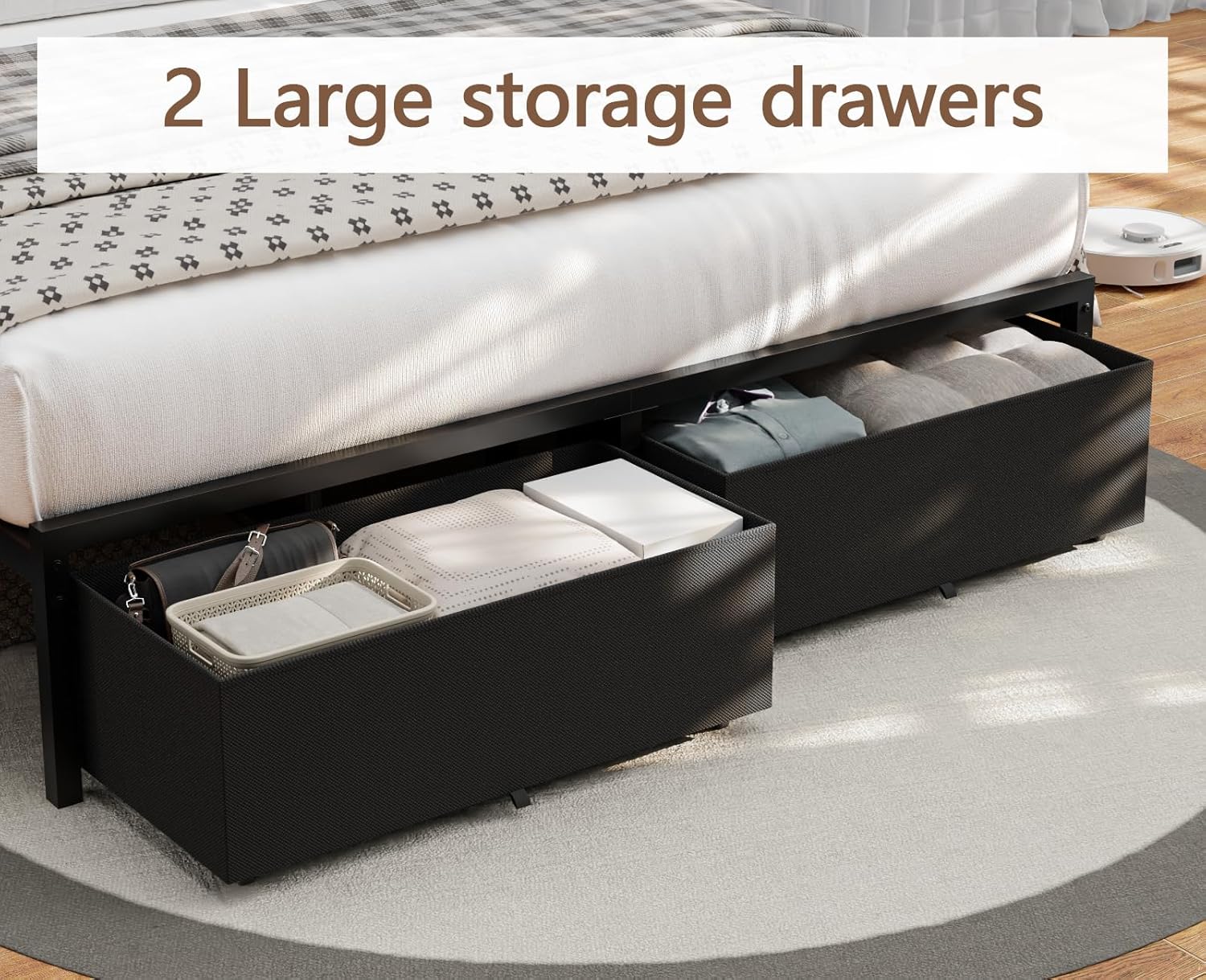 Furnulem Bed Frame with LED Headboard, Charging Station & Storage Drawers