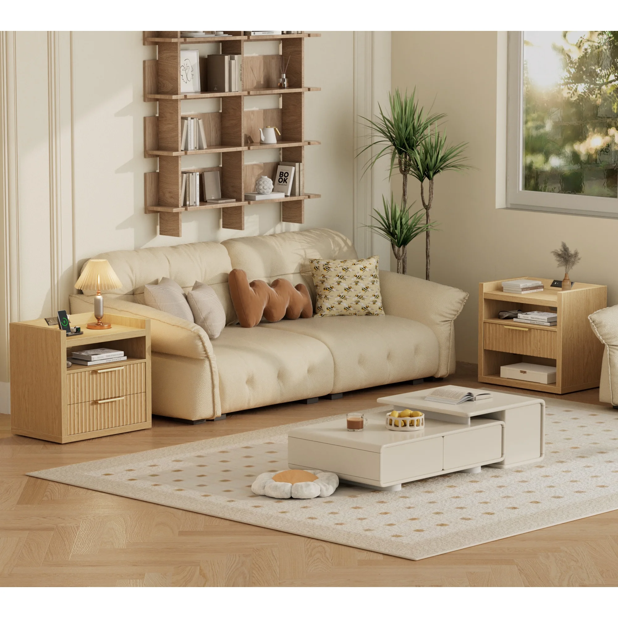 Furnulem Fluted Night Stand with Charging Station 2 Drawer Light Wood nightstand Bedside Table Night Stand for Bedroom End Table for Living Room