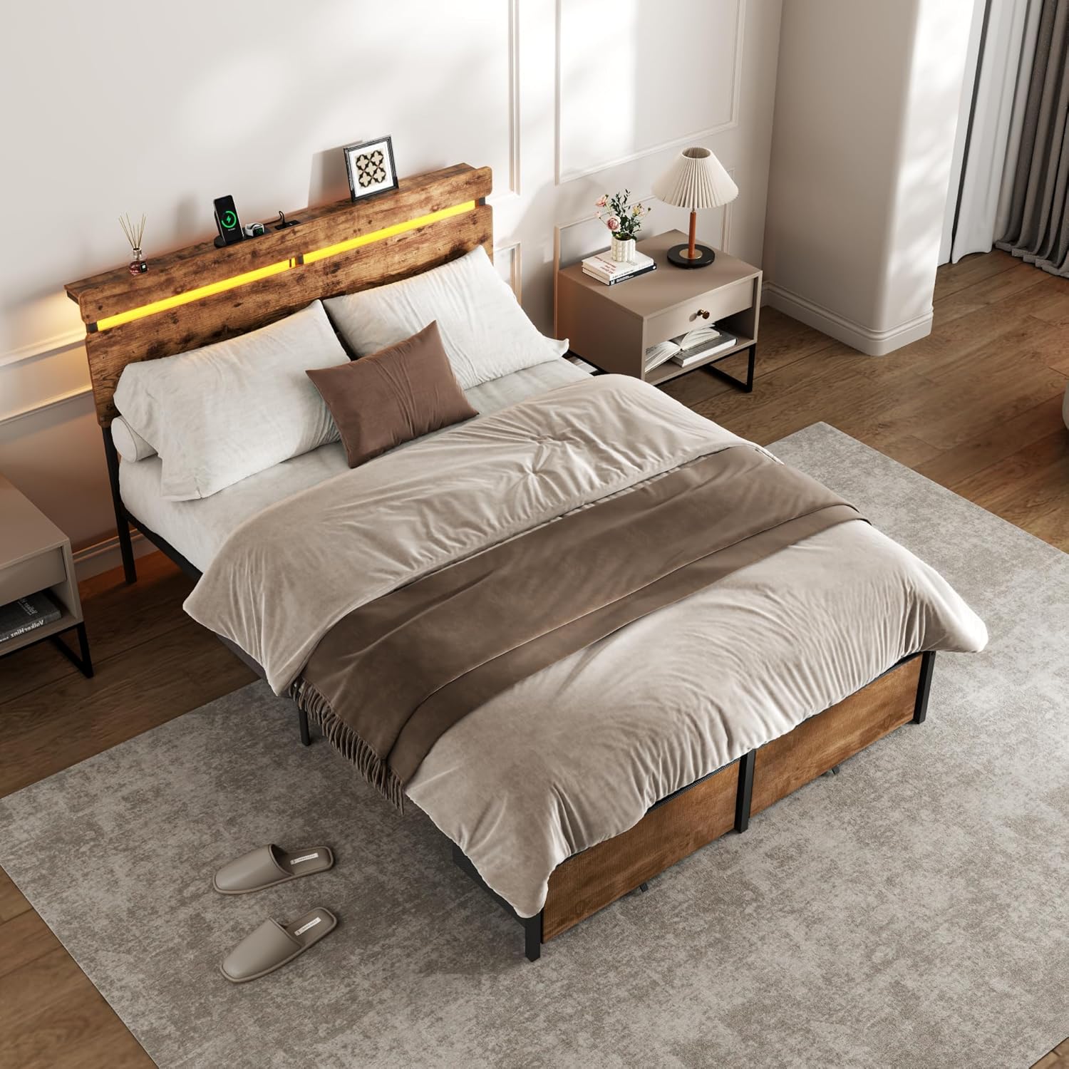 Full Size Bed Frame with Wood Headboard Metal Platform Bed with 2 Storage Drawers Shelf Built in Charging Station LED Lights No Box Spring Needed