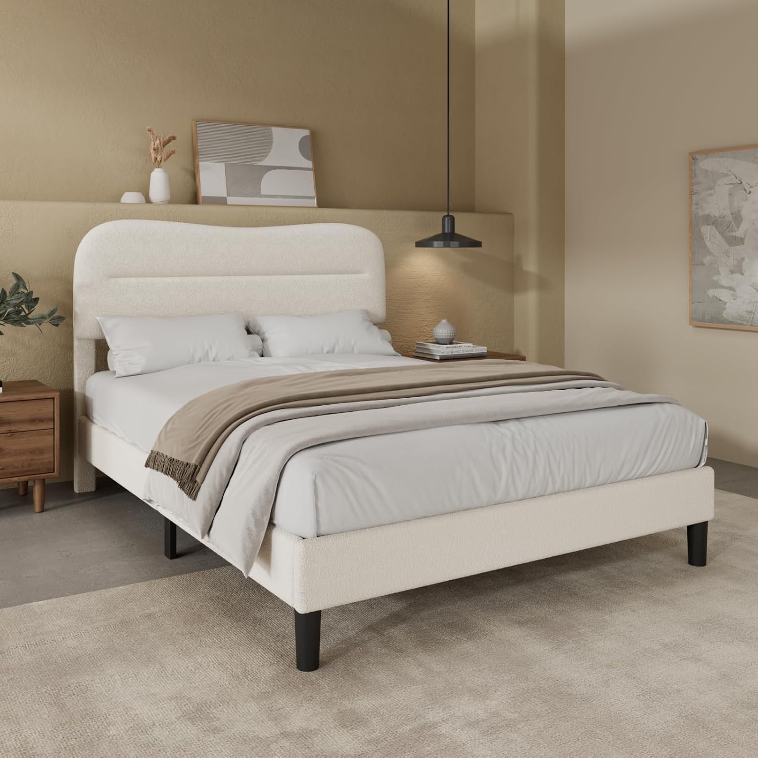 Full Size Bed Frame with Headboard, Teddy Soft Boucle Fabric Bed Frame Full Soft Cloud Marshmallow Shape Upholstered Headboard No Box Spring Needed