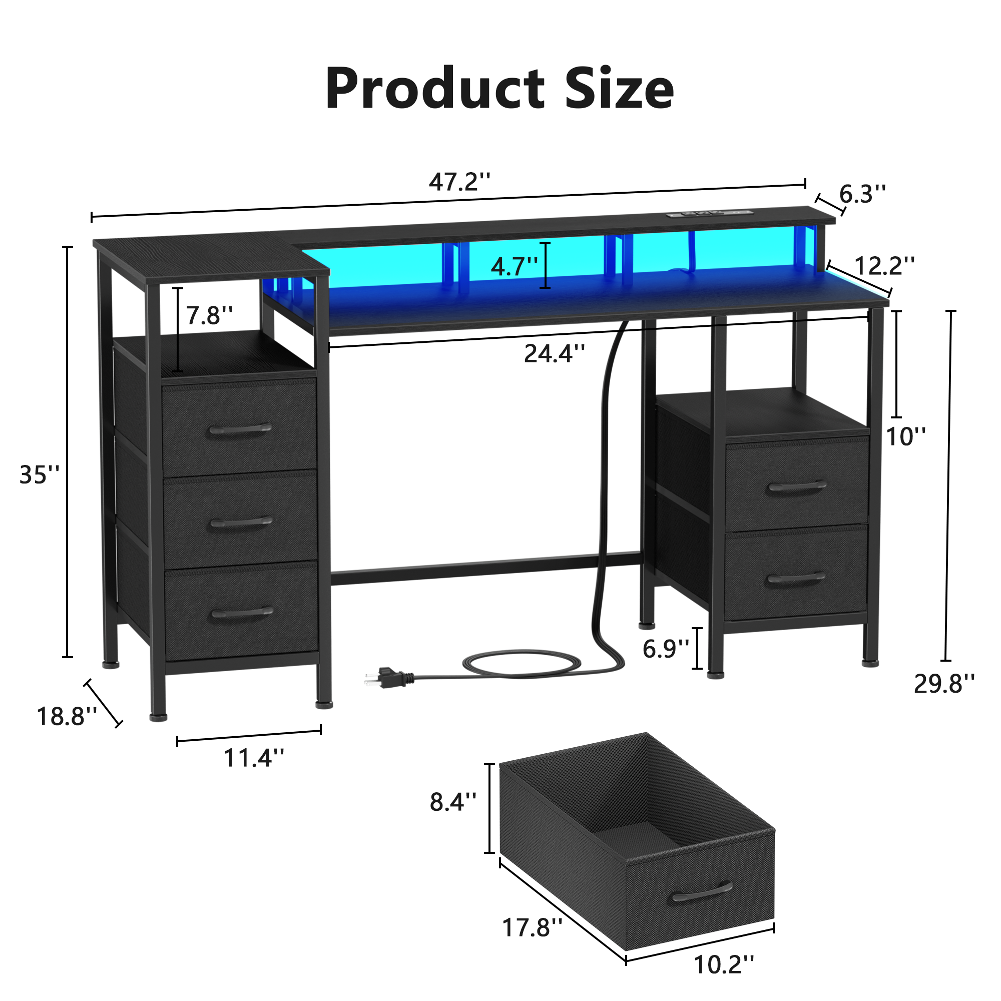 47 Inch Black Computer Desk with Charging Station Reversible Gaming Desk LED Lights 5 Fabric Drawers Monitor Stand Home Office Writing Table
