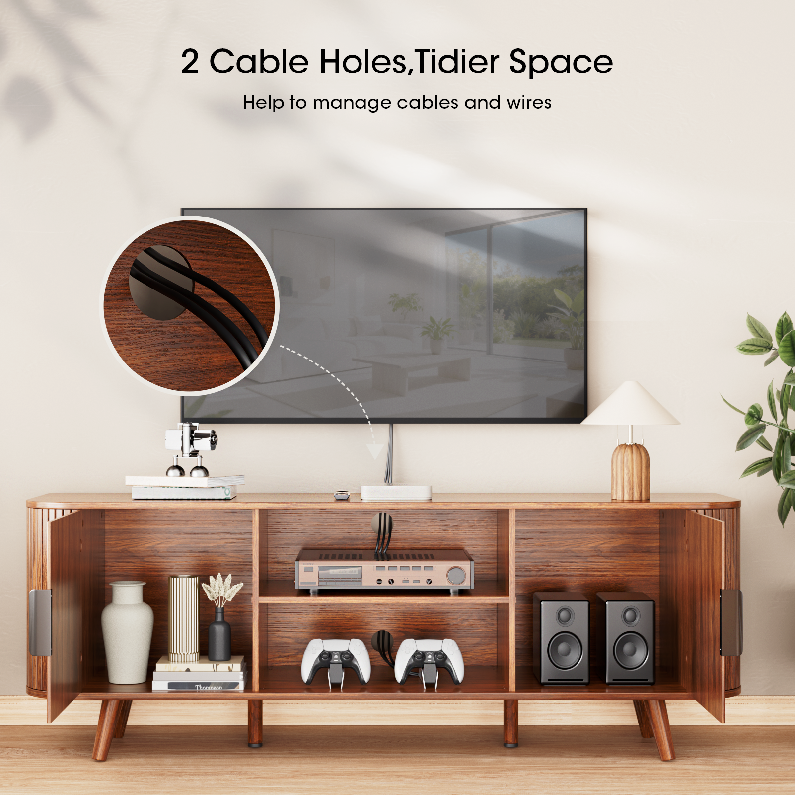 Walnut Entertainment Center for TVs up to 65 Inch Mid Century TV Console with Slatted Doors Large Storage Shelves Modern Wood Media Stand