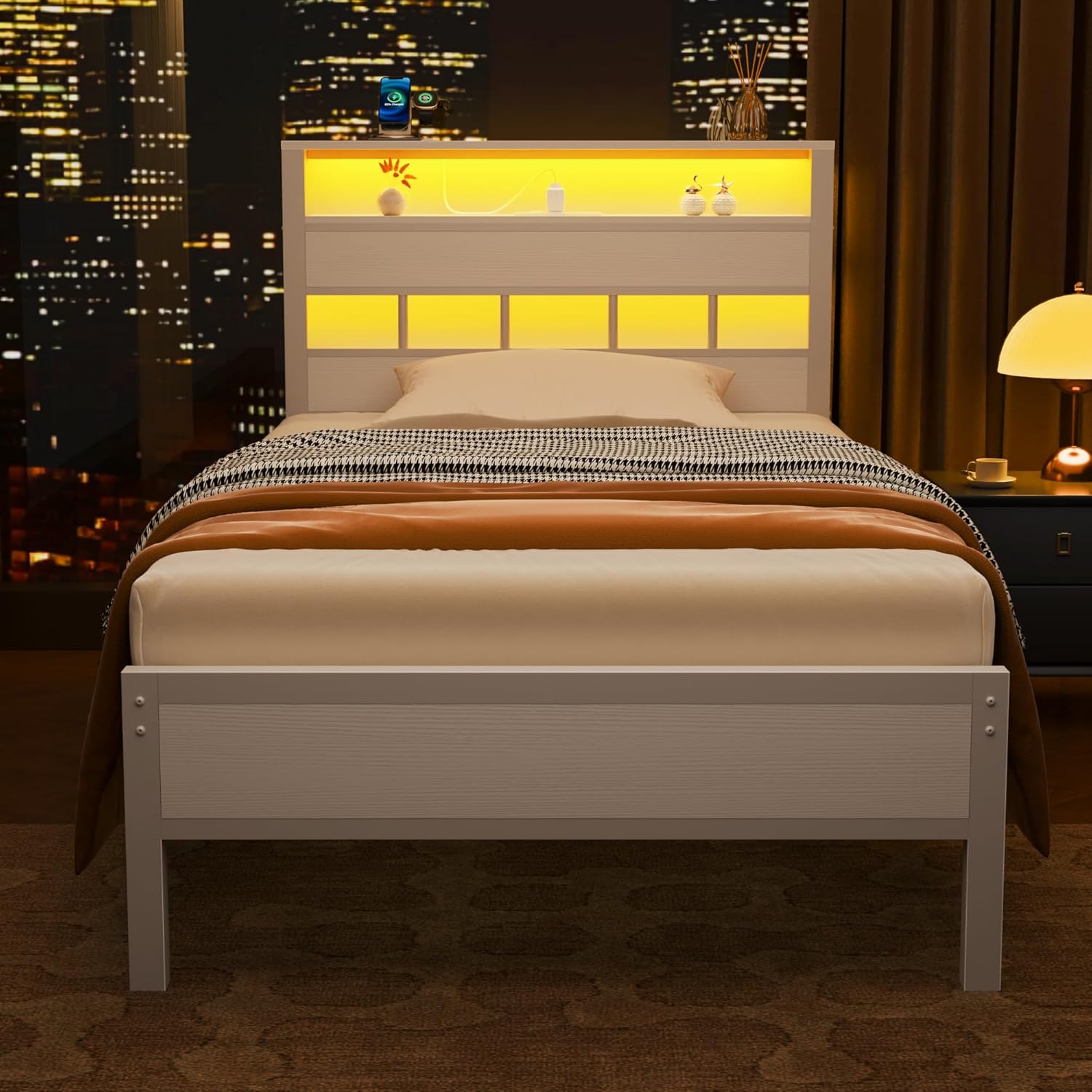 Furnulem Twin Bed Frame with LED Lights & Charging Station, Wood Headboard with Storage, No Box Spring Needed