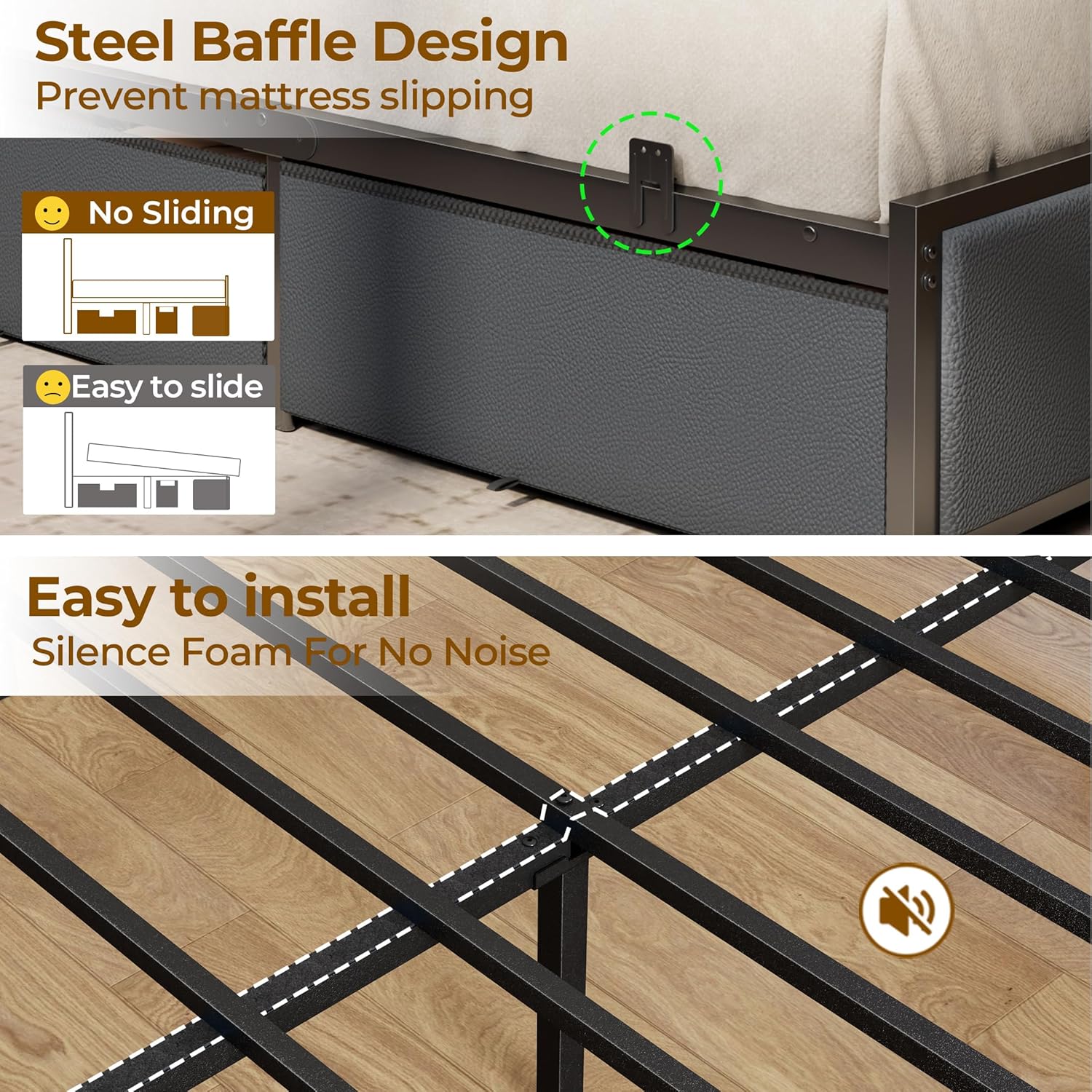 Queen Size Bed Frame with Storage Headboard and 6 Drawers Metal Platform Bed Frame with Charging Station and LED Lights PU Leather Upholstered