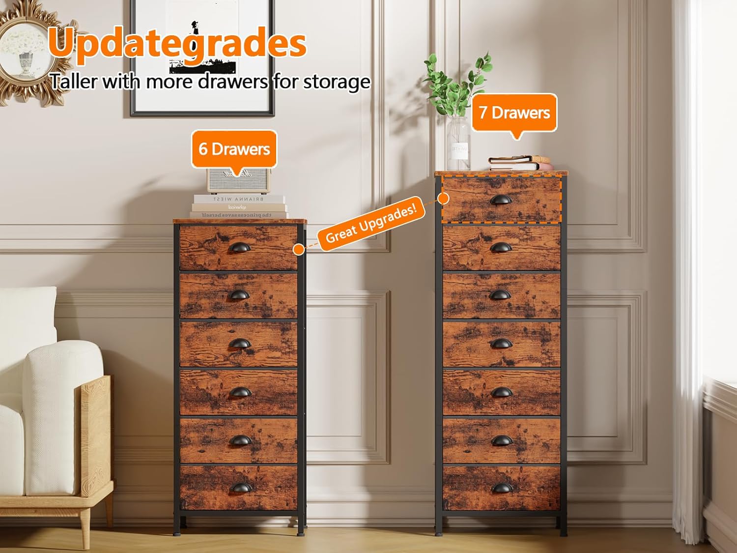 Furnulem 7-Drawer Tall Dresser – Industrial Fabric Storage Tower with Steel Frame for Bedroom, Closet, or Entryway