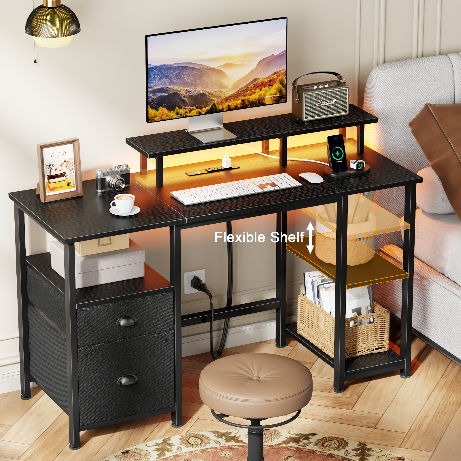 51 Inch Black Reversible Computer Gaming Desk with Monitor Stand File Cabinet Storage Shelves LED Power Outlets for Home Office PC Workstation Table