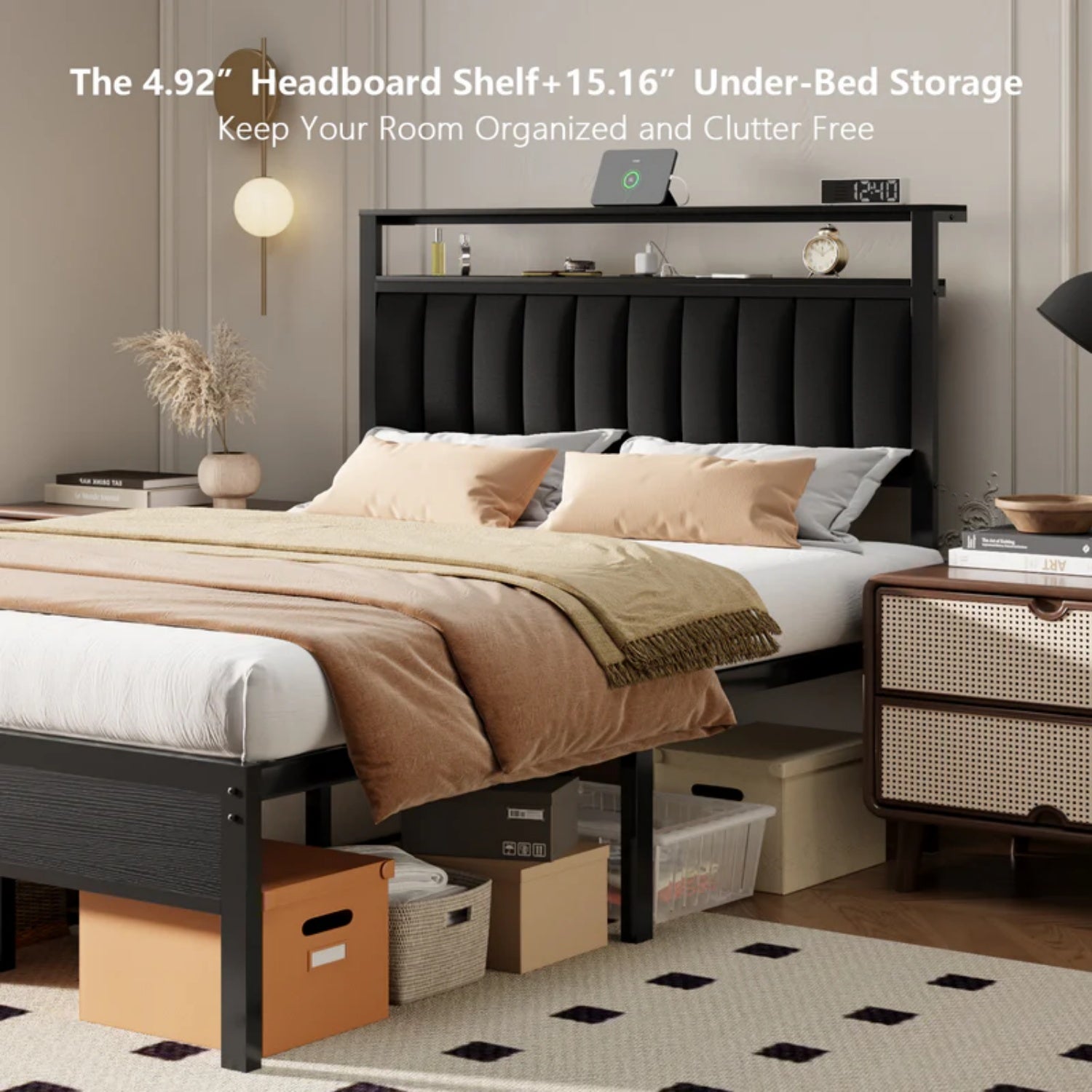 Furnulem Bed Frame with Charging Station, LED Lights & Storage Shelves – Metal Slats, No Box Spring