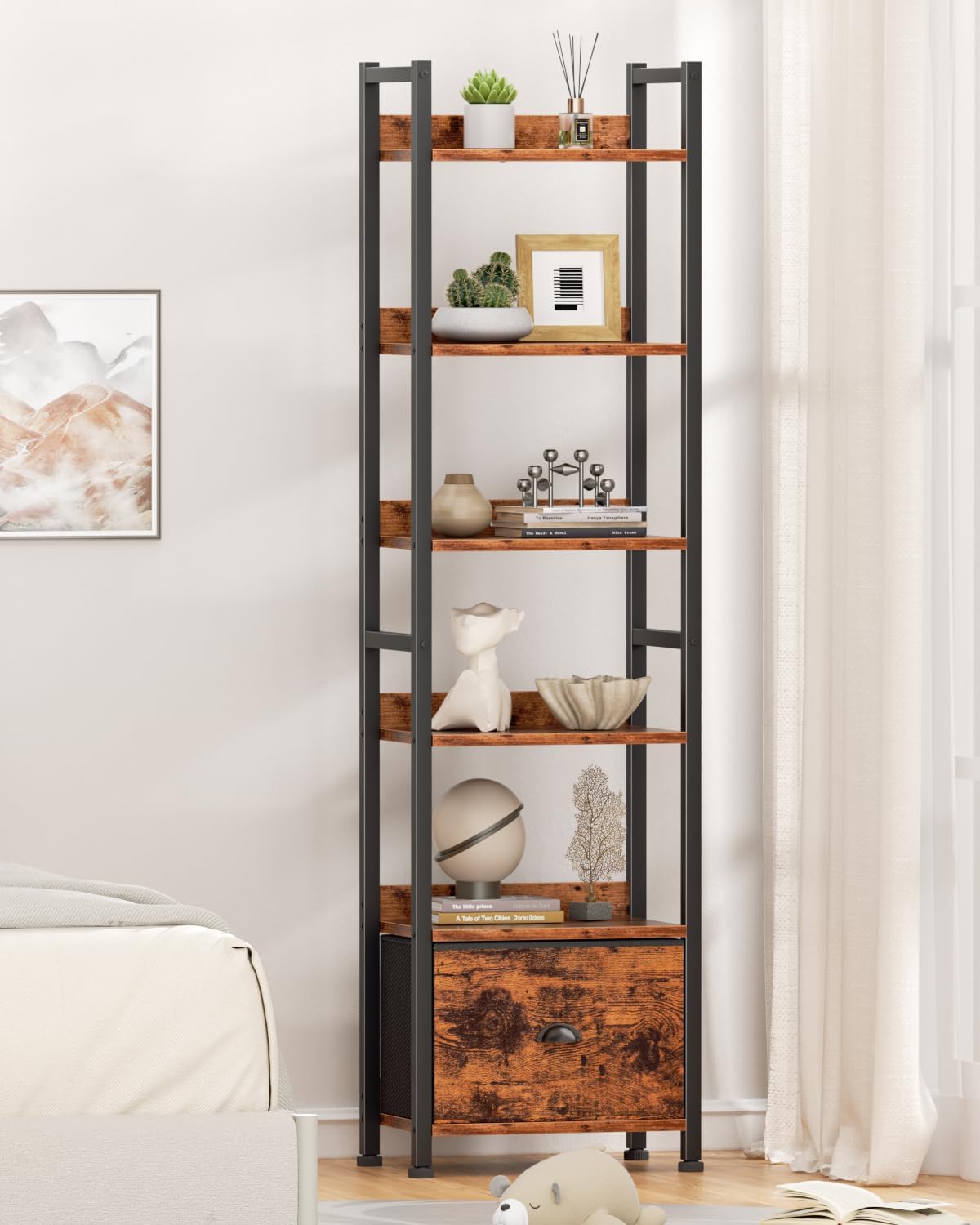 Qwatto Brown 6 Tier Bookshelf with Drawer Tall Industrial Wood Metal Freestanding Storage Display Shelves Etagere Bookcase Organizer for Home Office