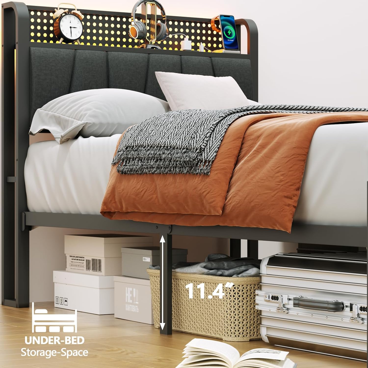 Furnulem Twin Size Bed Frame with Grey Upholstered Storage Headboard with Shelf, Metal Platform Bed with Heavy Duty Slats, No Box Spring Needed