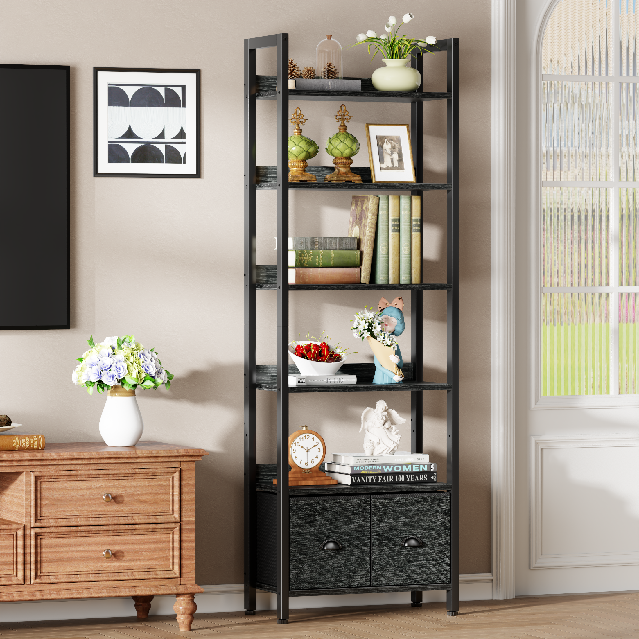 6 Tier Industrial Tall Bookcase with Two Storage Drawers Wood Metal Freestanding Bookshelf Display Organizer Shelf for Home Office Bedroom Black Oak