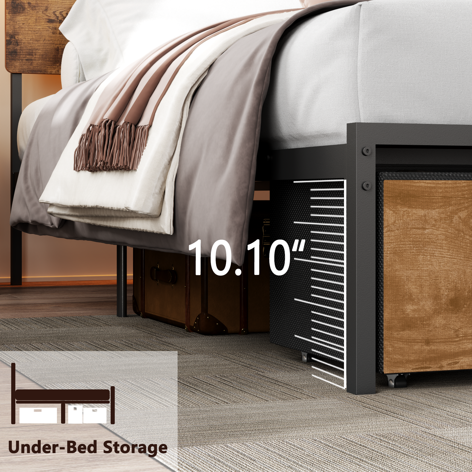 King Size Bed Frame with Wood Headboard, Metal Platform Bed with 3 Storage Drawers Shelf Built-in Charging Station LED Lights No Box Spring Needed