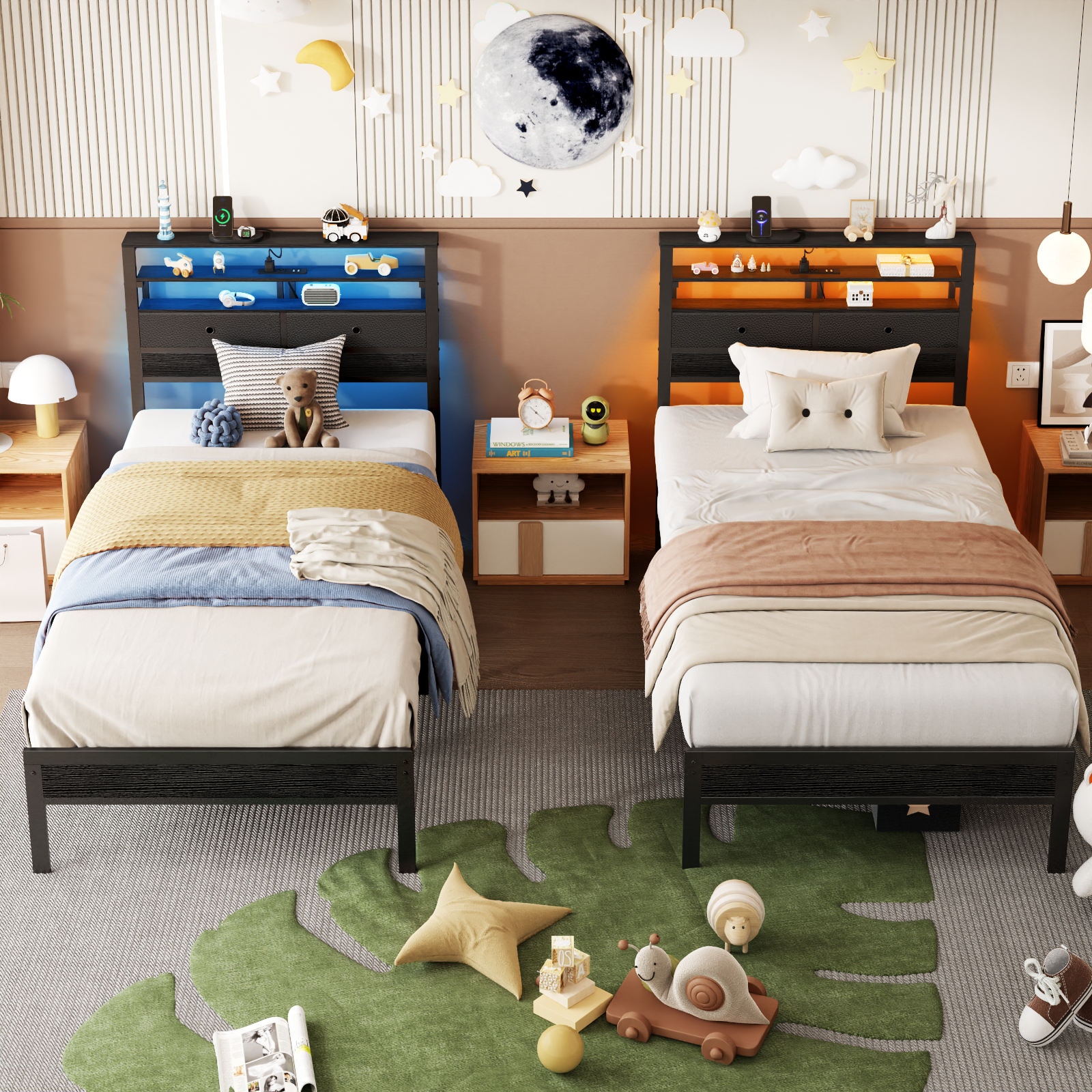 Twin Bed Frames with Charging Station and LED Lights Wood Headboard with 2 Fabric Drawers and Storage Shelves Platform Bed with Metal Slats