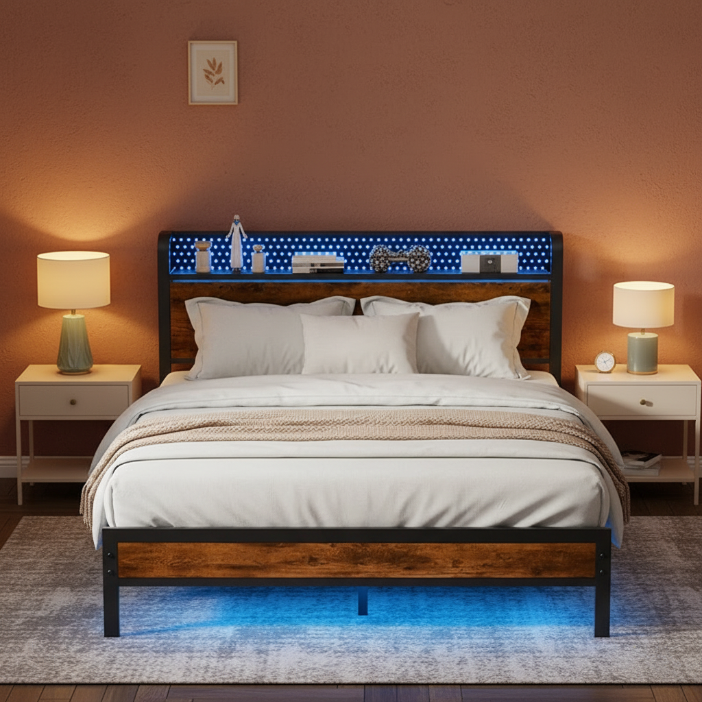 Rustic Brown Queen Bed Frame with Storage Headboard Shelf Charging Station LED Lights Industrial Metal Platform Heavy Duty No Box Spring