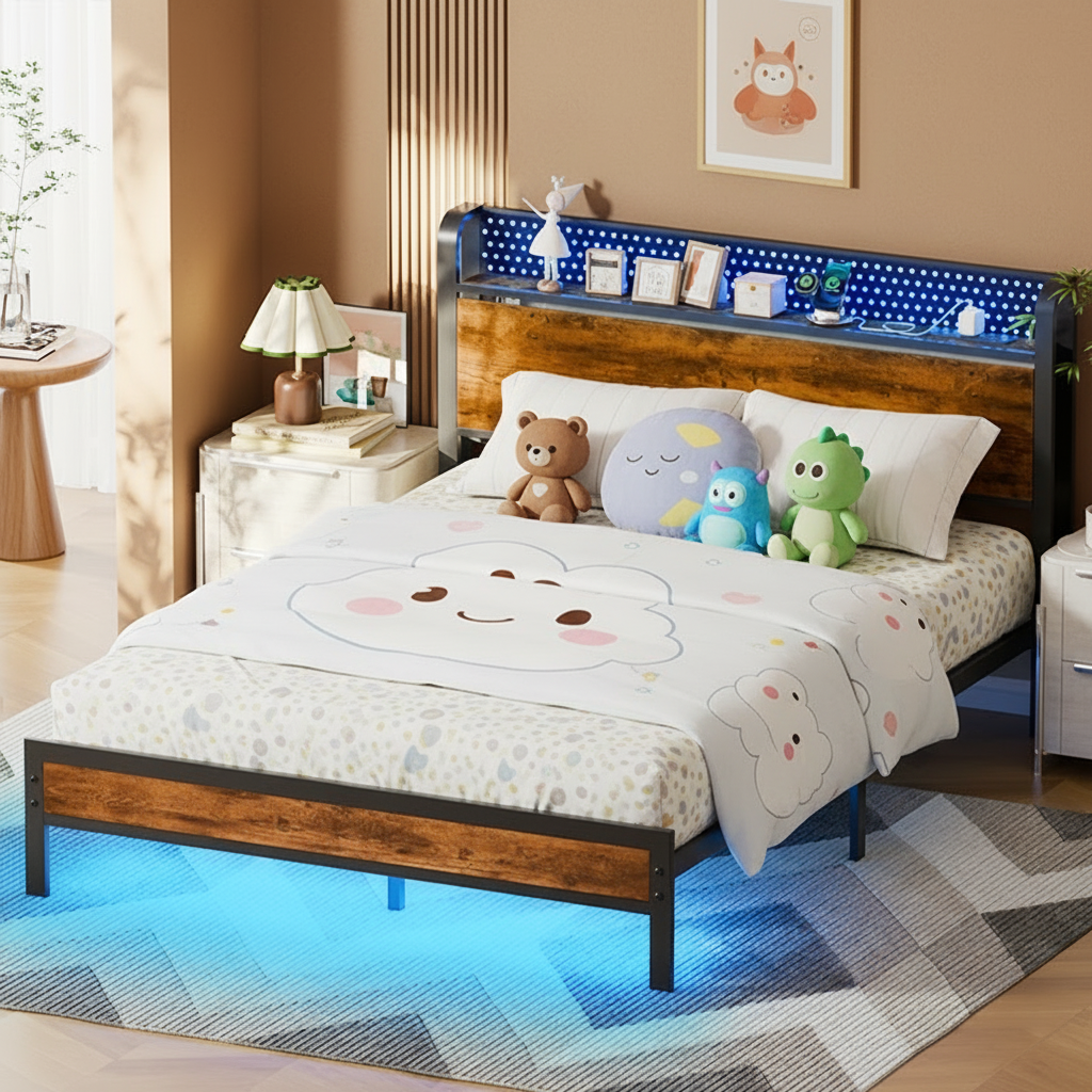 Queen Metal Platform Bed with Bookcase Headboard Charging Station LED Lights Rustic Wood Style Storage Shelf USB Ports No Box Spring Needed