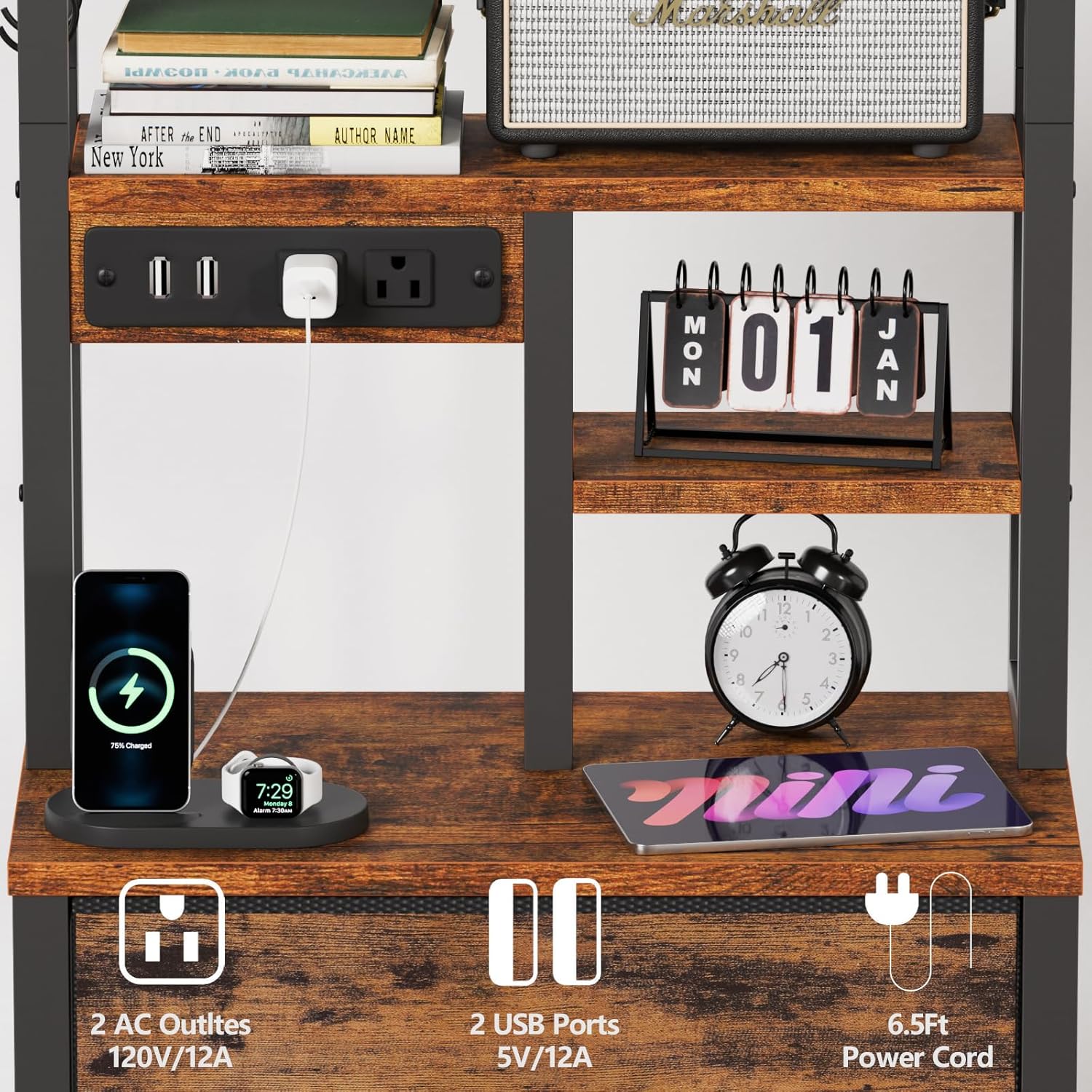 Furnulem Tall Nightstand with 3 Fabric Drawers & Bookshelf