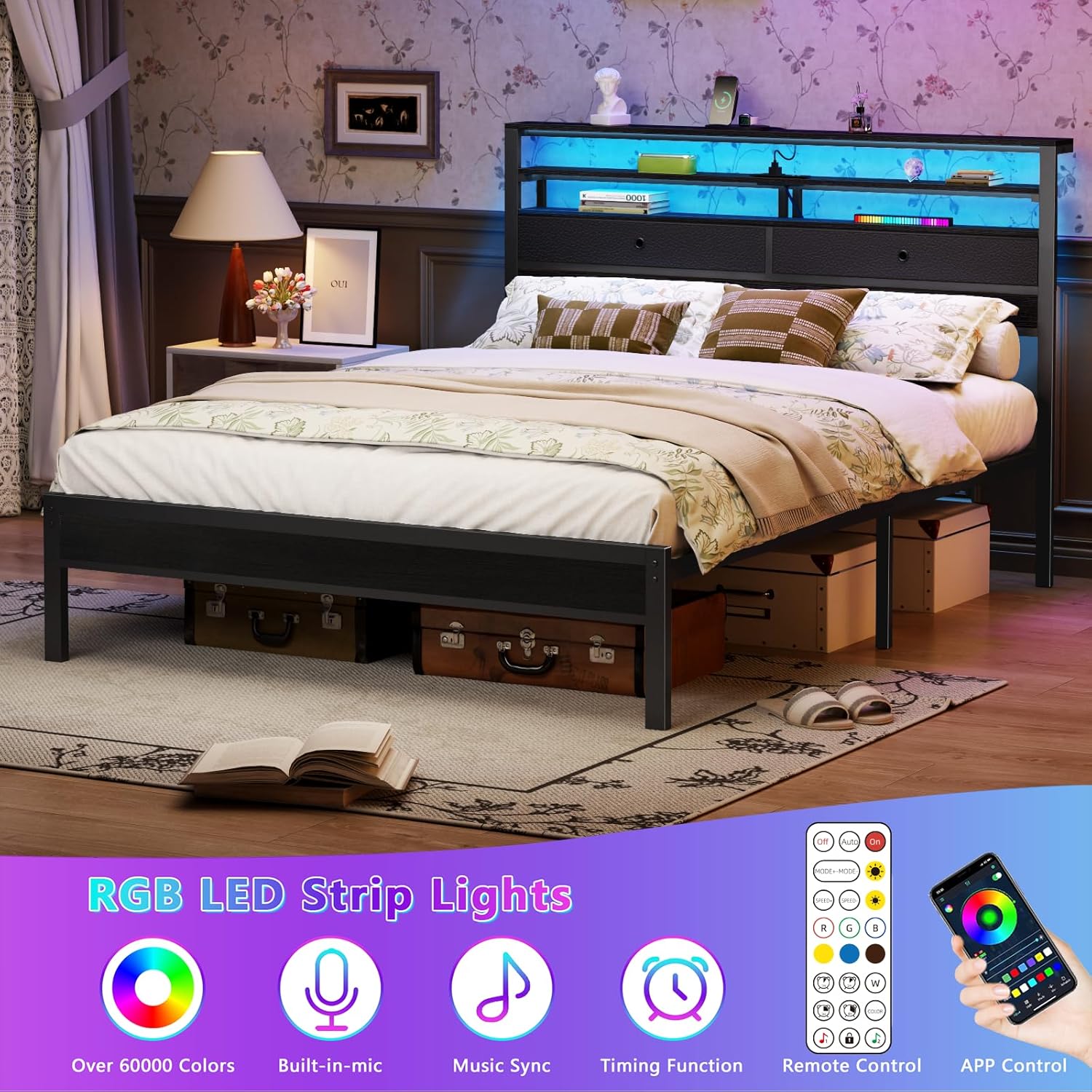Furnulem Platform Bed Frame with LED Lights, Charging Station, Storage Drawers & Wood Headboard – No Box Spring Needed, Black Oak