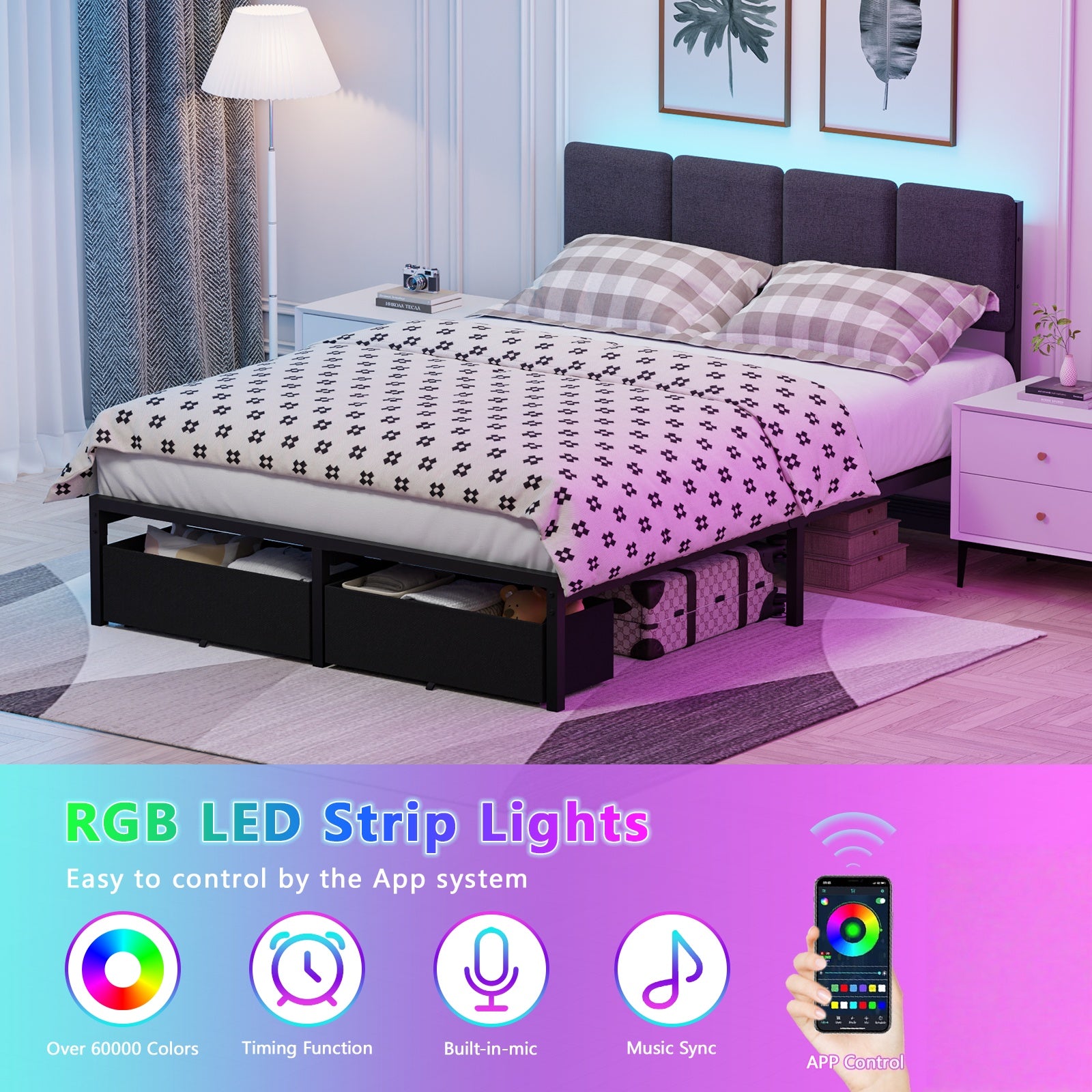 Furnulem Bed Frame with LED Headboard, Charging Station & Storage Drawers