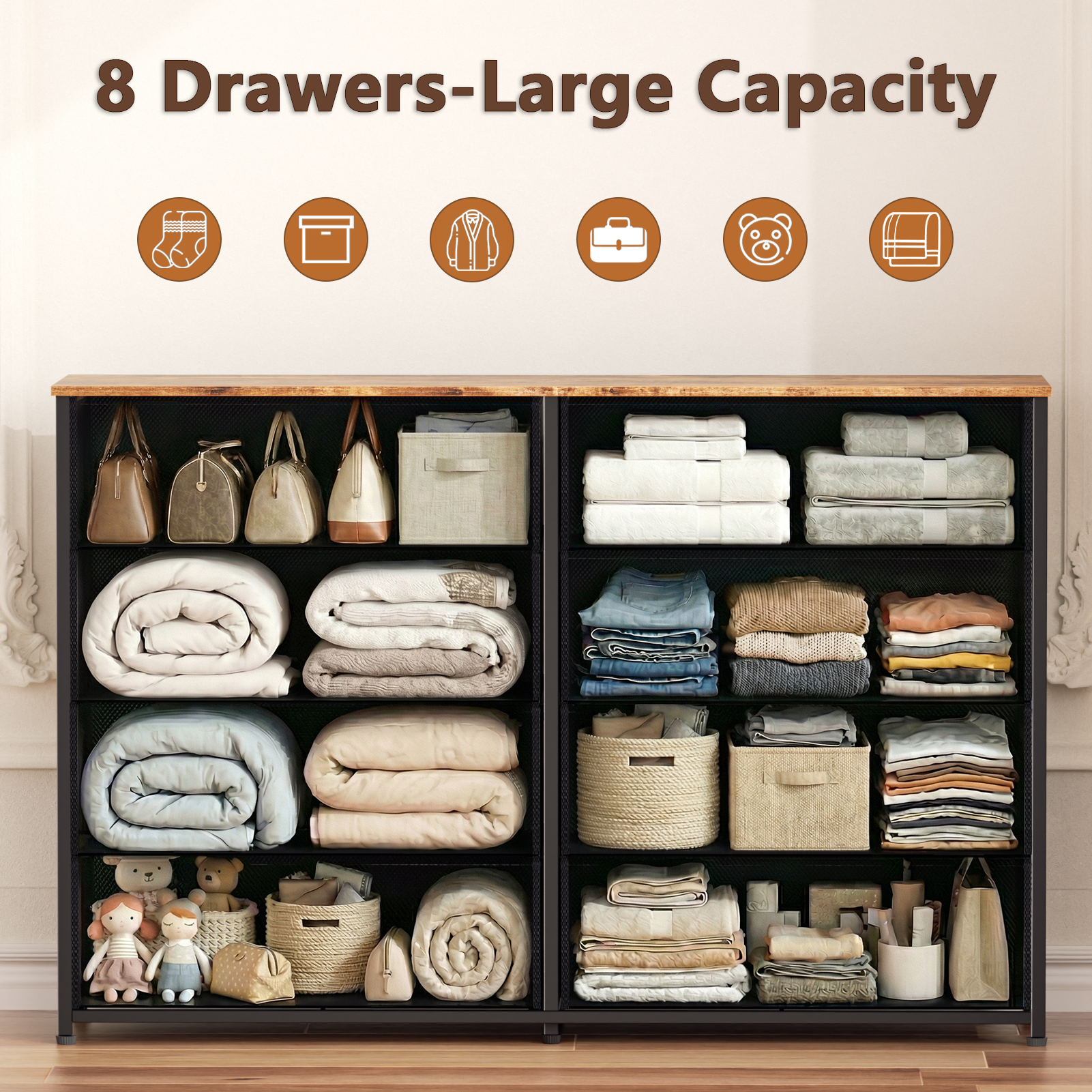 Furnulem Long Dresser for Bedroom TV Stand for 55'' TV Wide Storage Drawer Unit with 8 Fabric Bins Double Dresser for Bedroom Office Closet Entryway